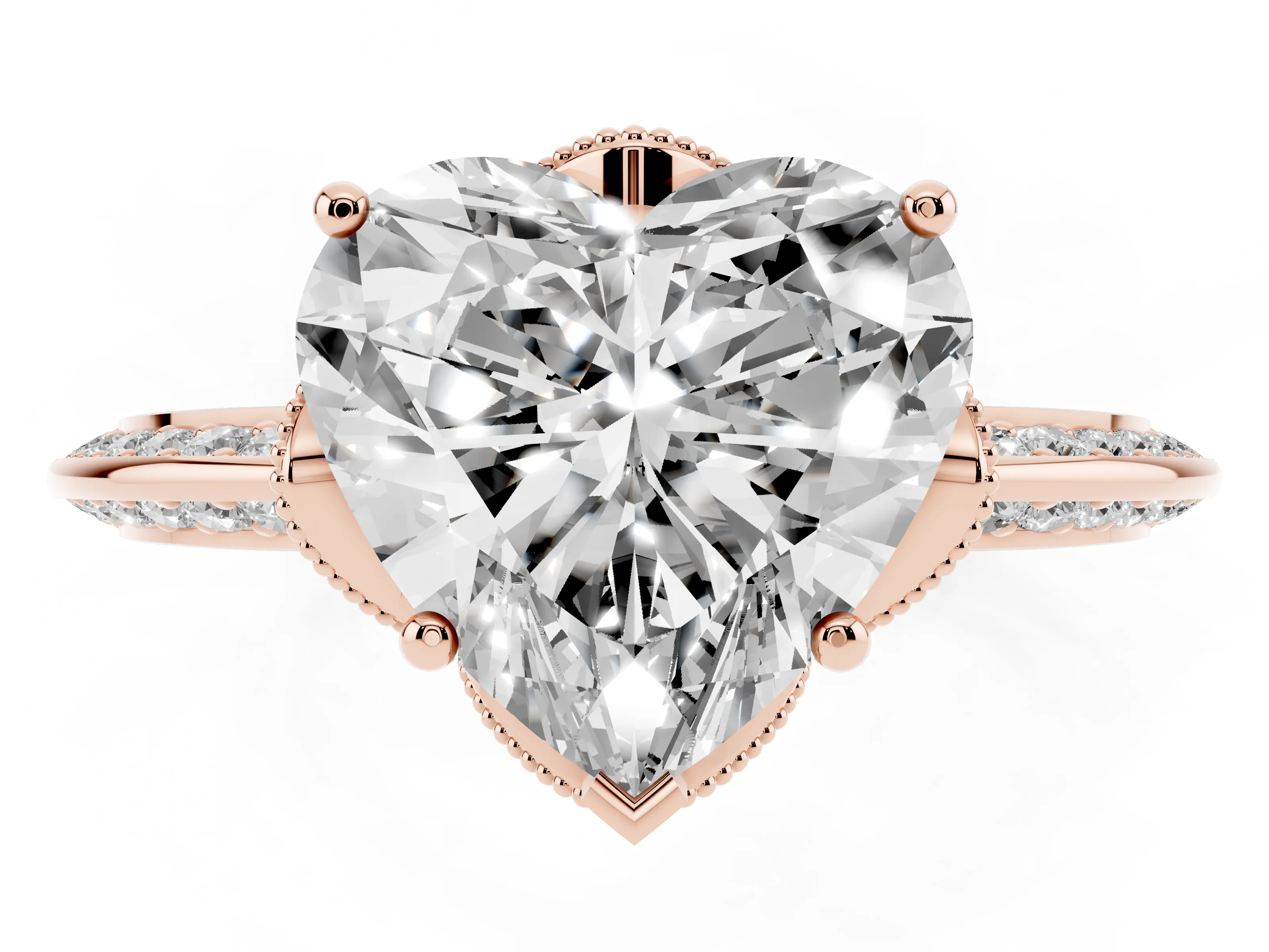 Heart Cut Diamond Solitaire Engagement Ring Set in Rose gold with Pavé Split Shank and Prong Setting