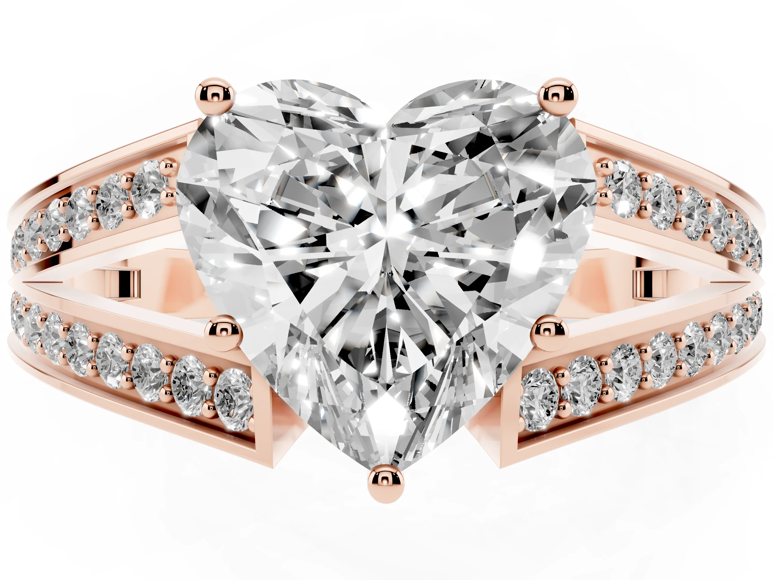 Heart Cut Diamond Split Shank Ring Set in Rose gold with Pavé Band and Prong Setting