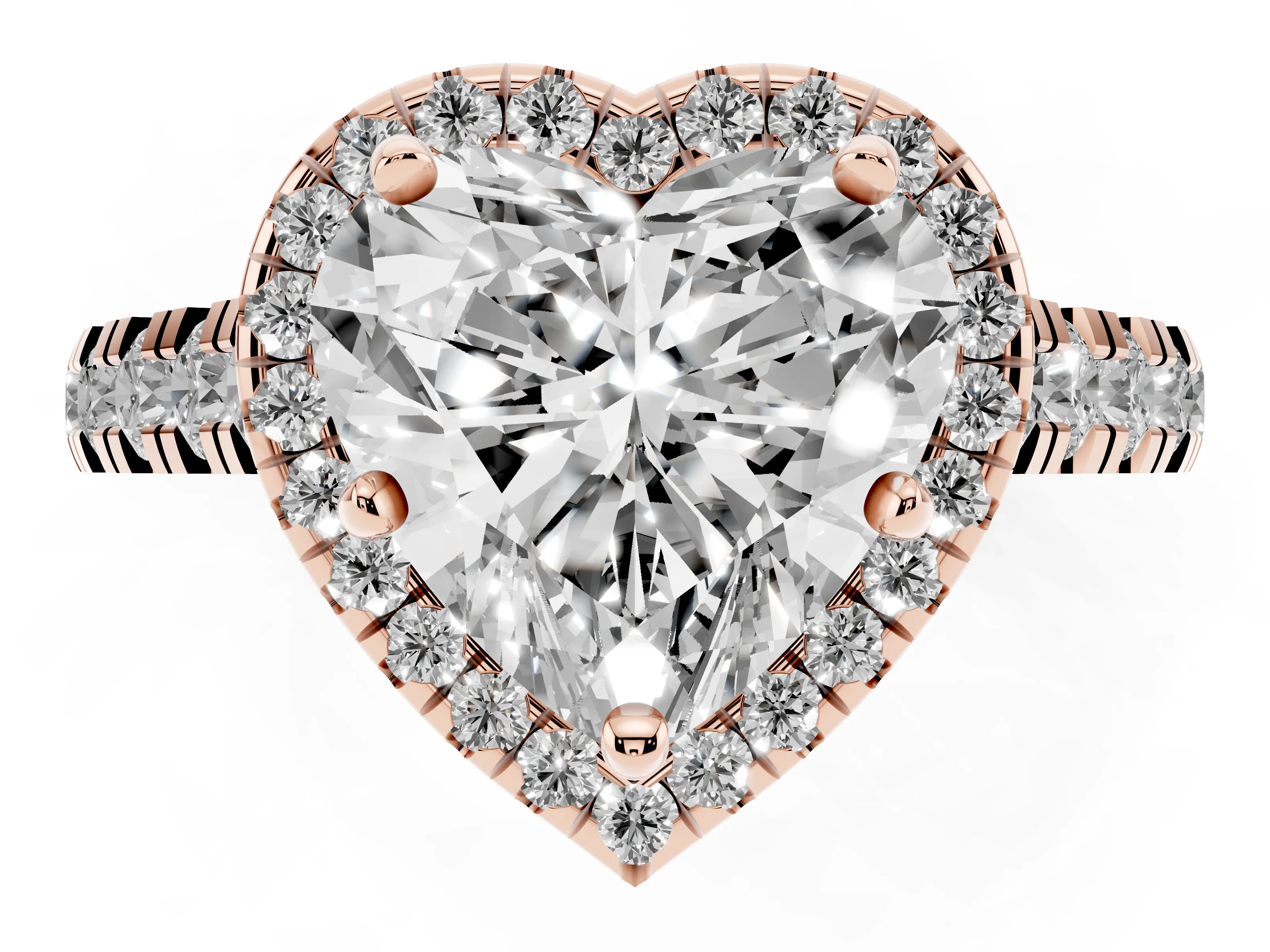 Heart Cut Diamond Halo Engagement Ring Set in Rose gold with Pavé Band and Prong-Set Center