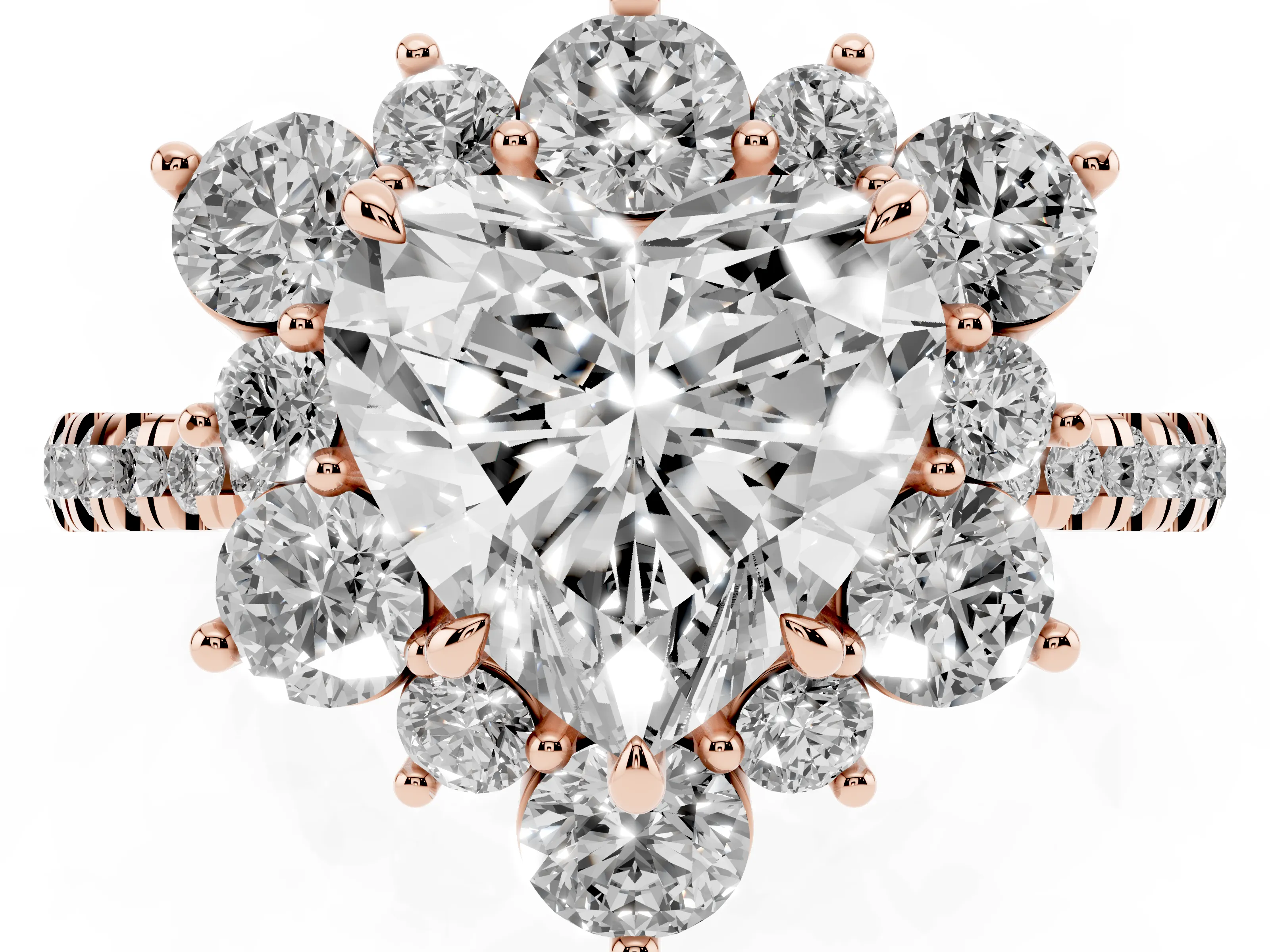 Heart Cut Diamond Floral Halo Ring Set in Rose gold with Round Pavé Band and Prong Setting