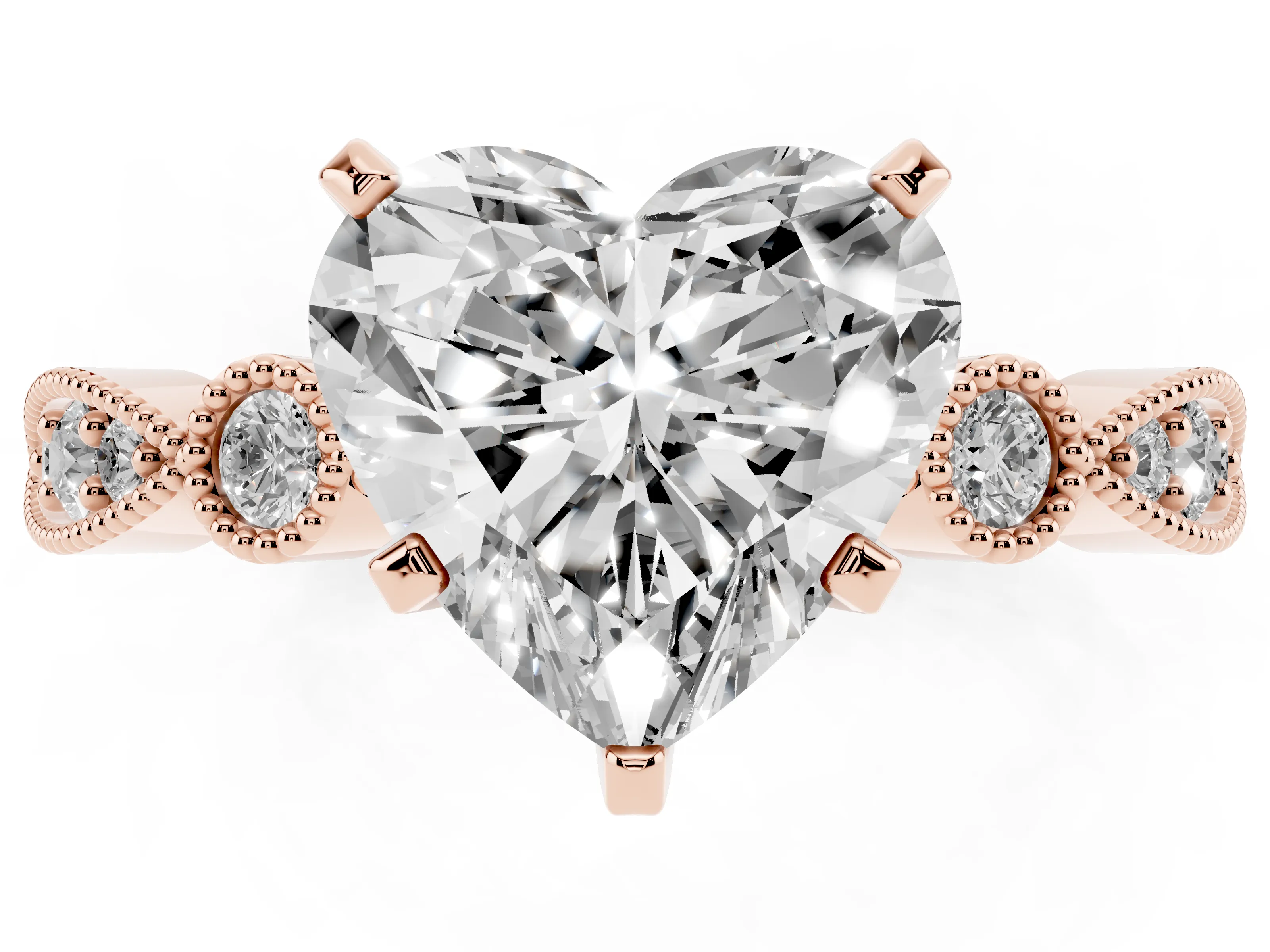 Heart Cut Diamond Solitaire Engagement Ring Set in Rose gold with Milgrain Bezel Accent Band
