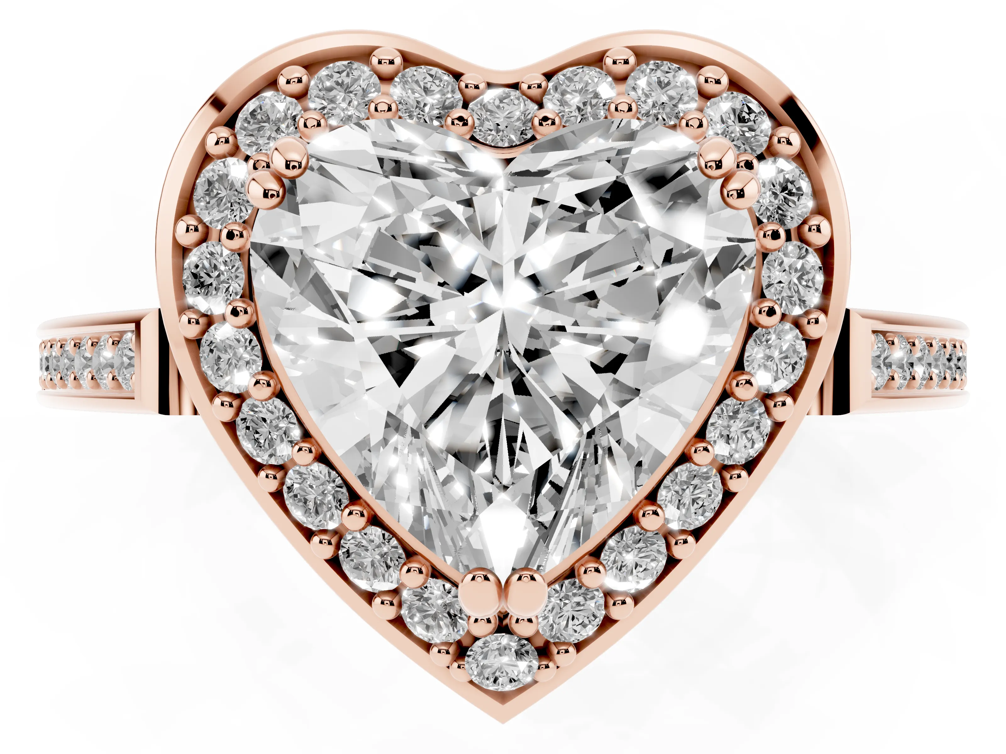 Heart Cut Diamond Halo Ring Set in Rose gold with Accent-Lined Split Shank and Prong Setting