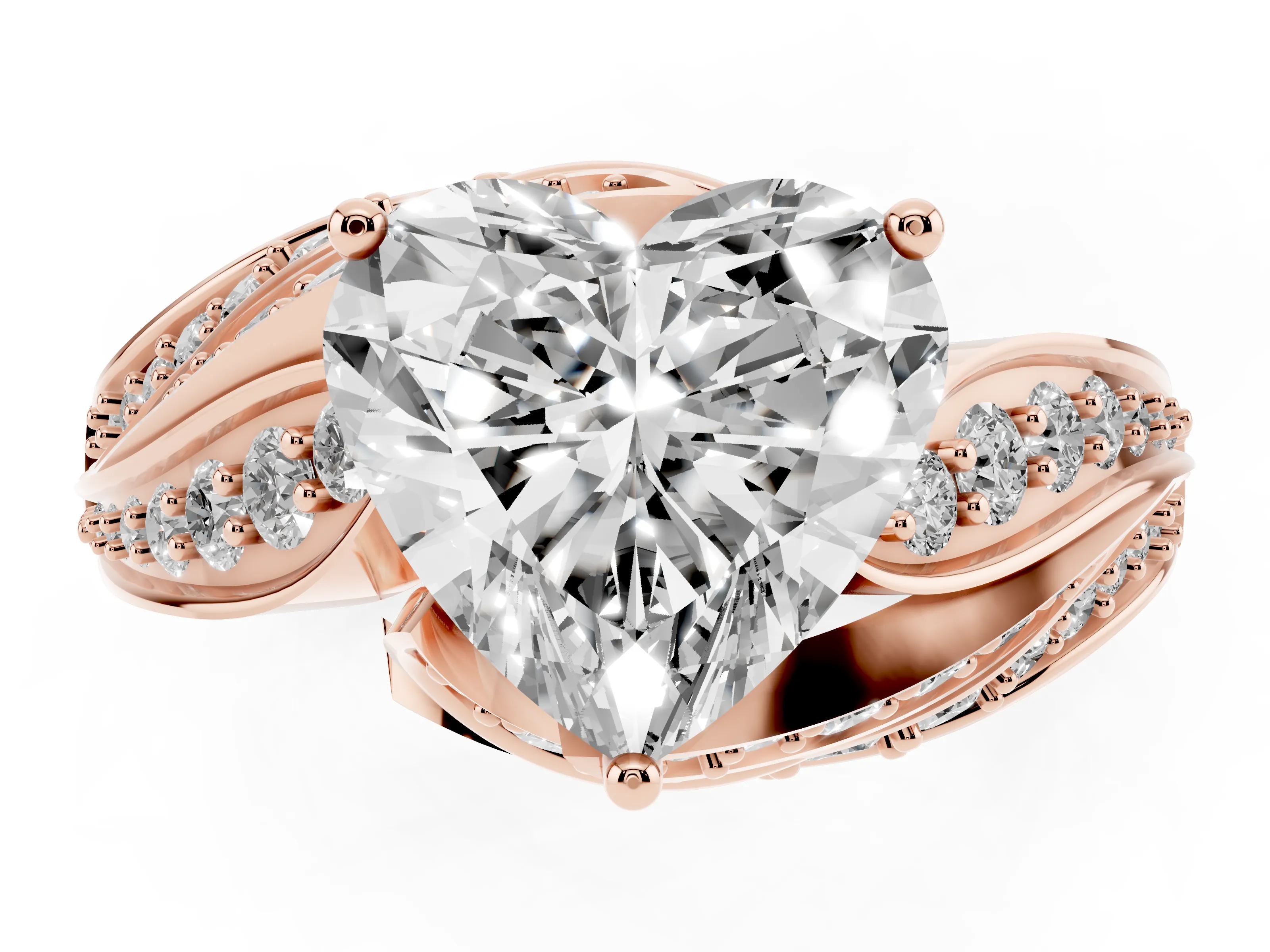 Heart Cut Diamond Solitaire Ring Set in Rose gold with Layered Twist Pavé Band