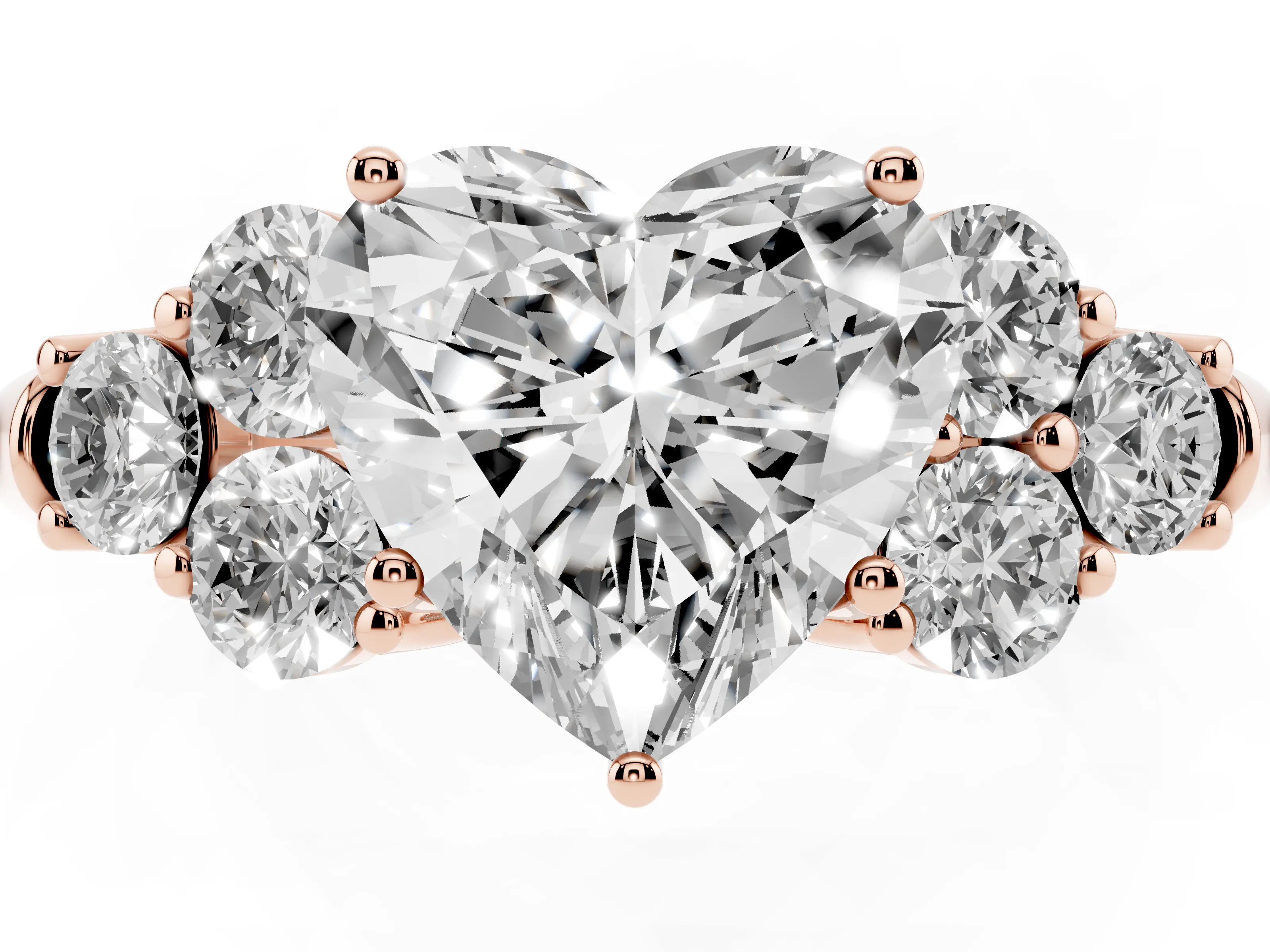 Heart Cut Diamond Cluster Ring Set in Rose gold with Round Accent Stones and Prong Setting on a Plain Band