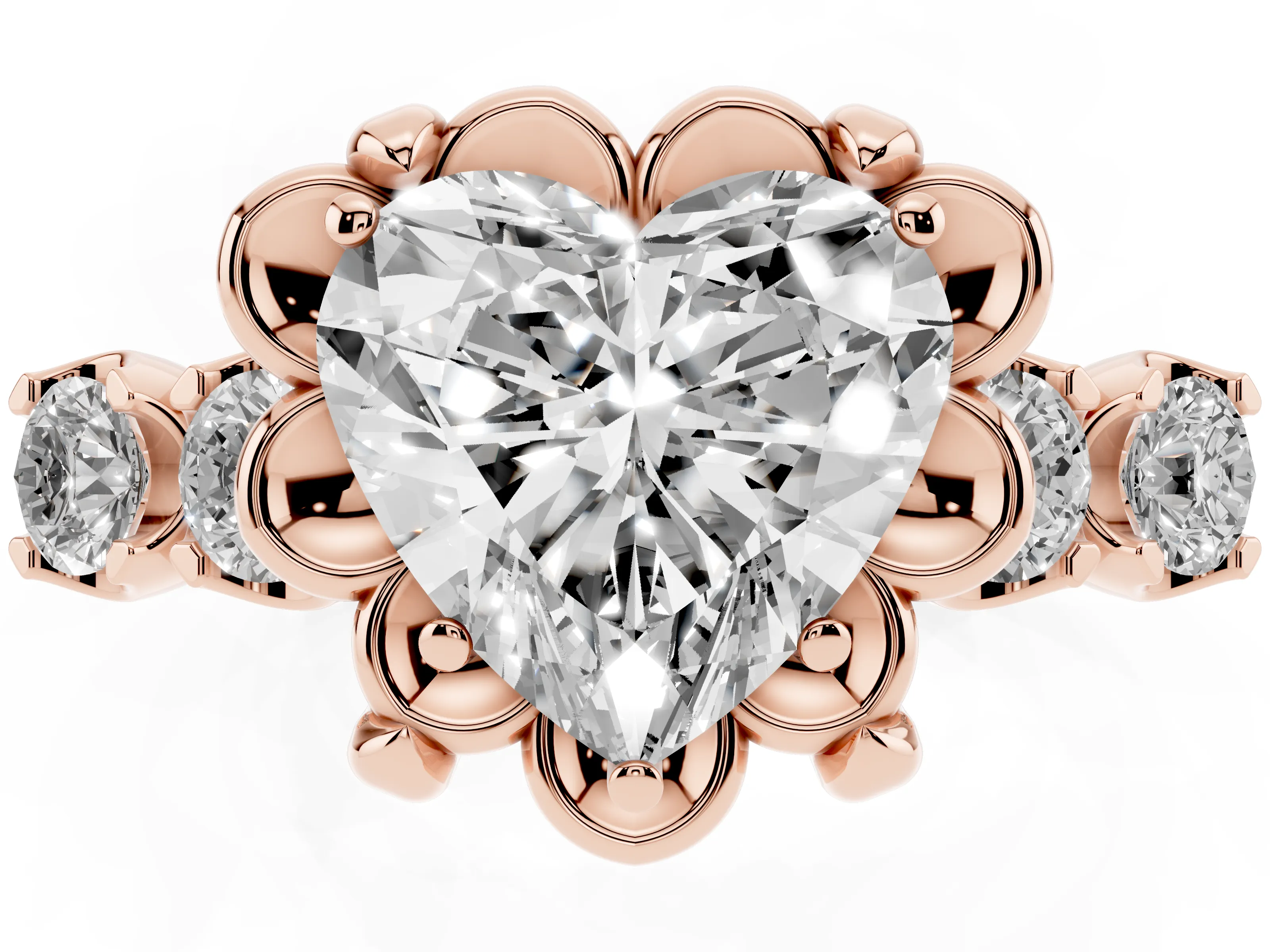 Heart Cut Diamond Floral Halo Ring Set in Rose gold with Shared Prong Band