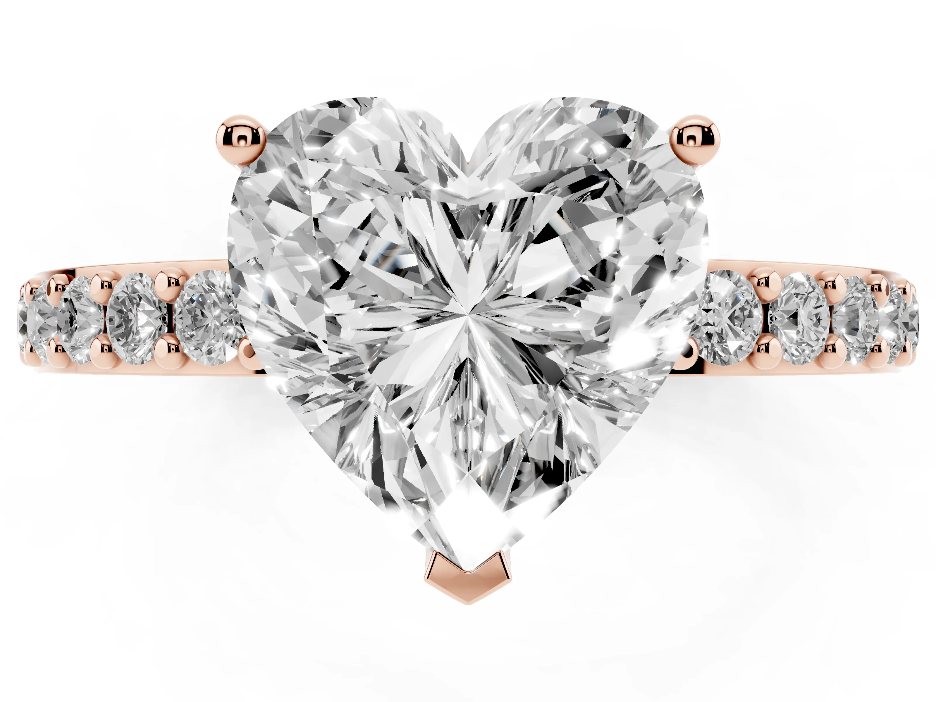 Heart Cut Diamond Solitaire Set in Rose gold with Round Pavé Band and Prong Setting
