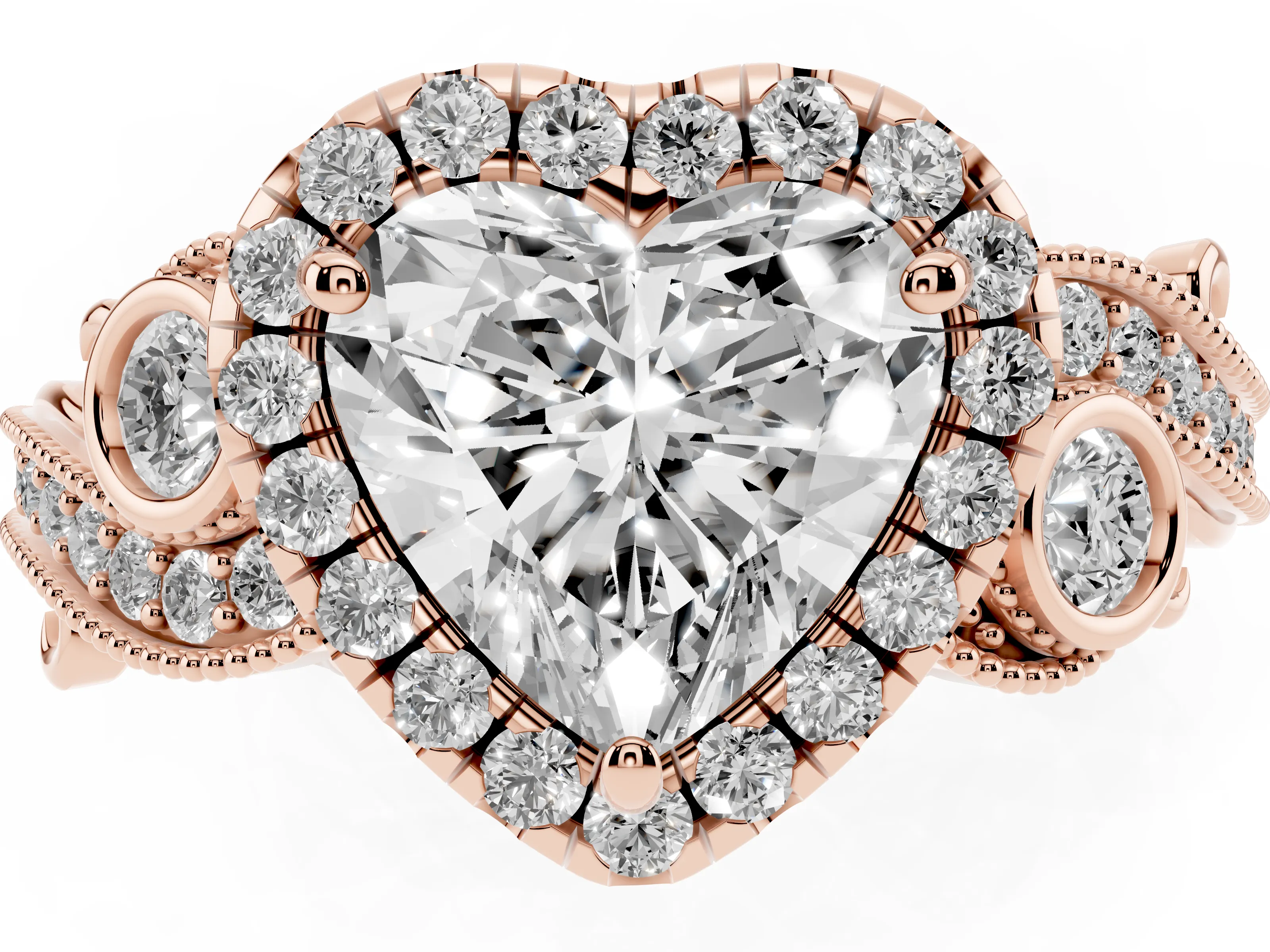 Heart Cut Diamond Halo Ring Set in Rose gold with Milgrain Pavé Band and Prong Setting