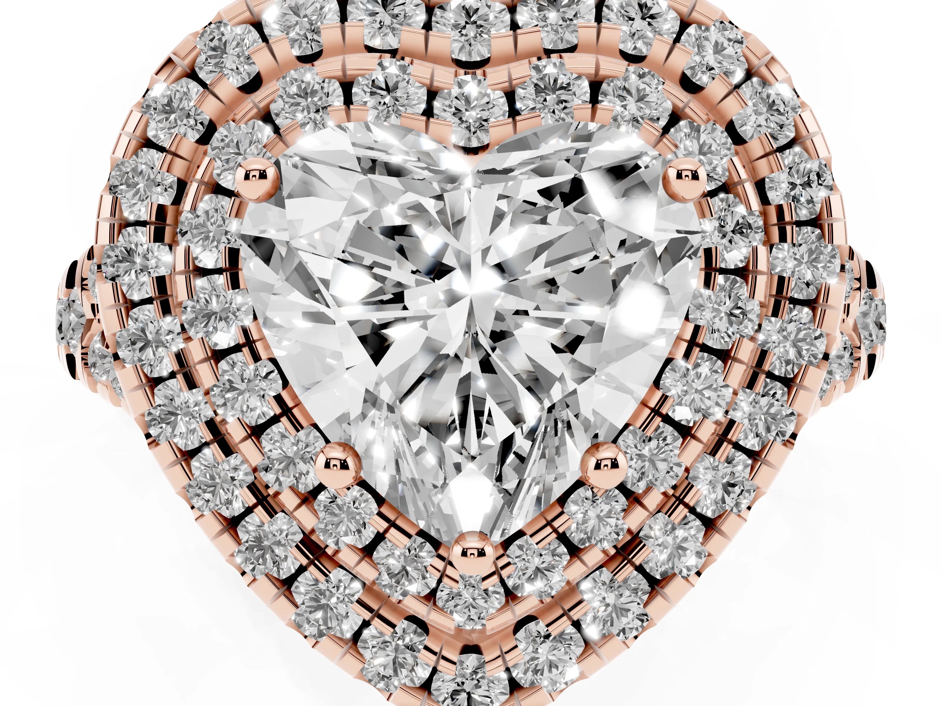 Heart Cut Diamond Double Halo Ring Set in Rose gold with Pavé Split Shank and Prong Setting
