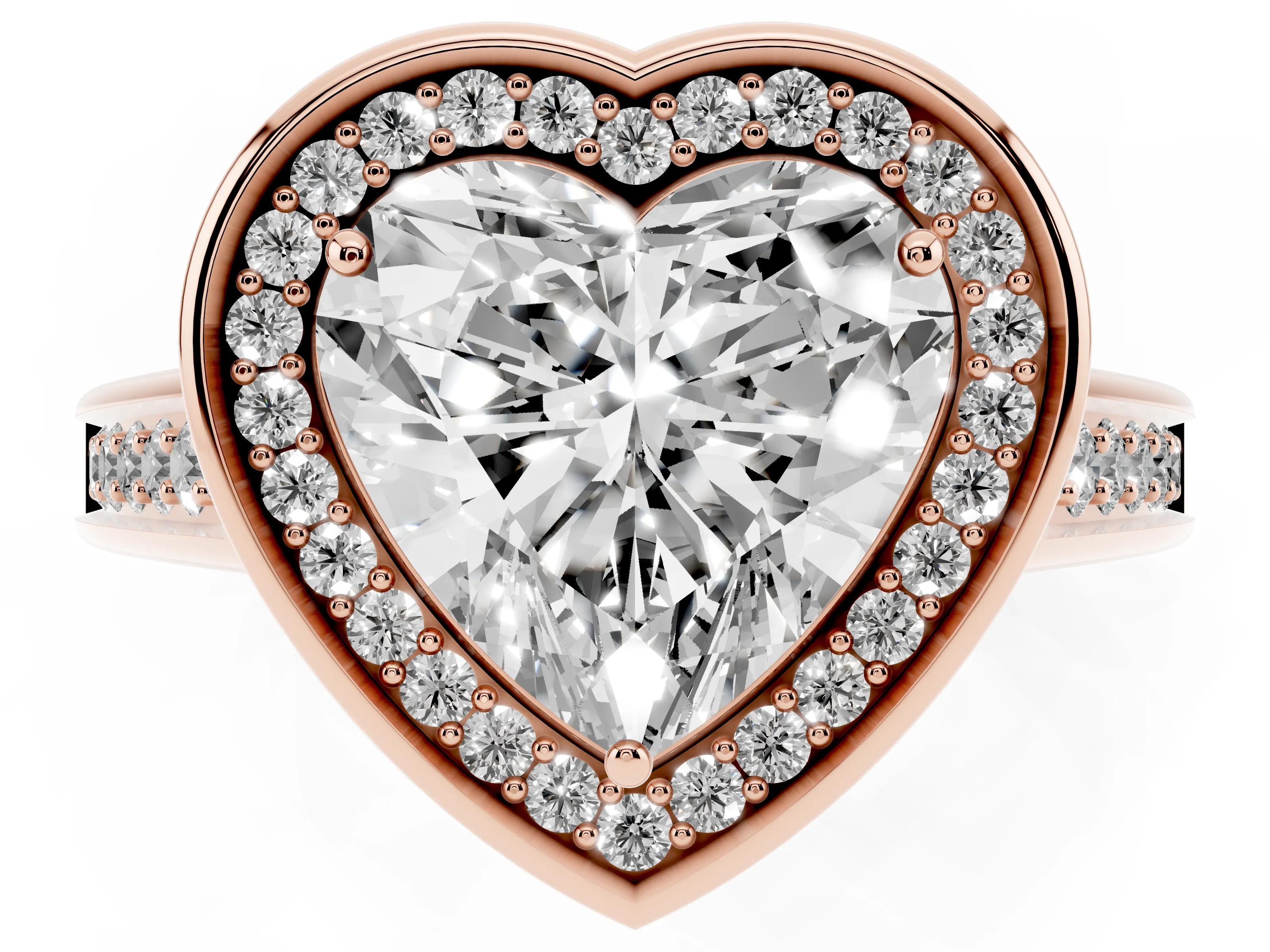Heart Cut Diamond Halo Solitaire Ring Set in Rose gold with Pavé Band and Bezel Setting