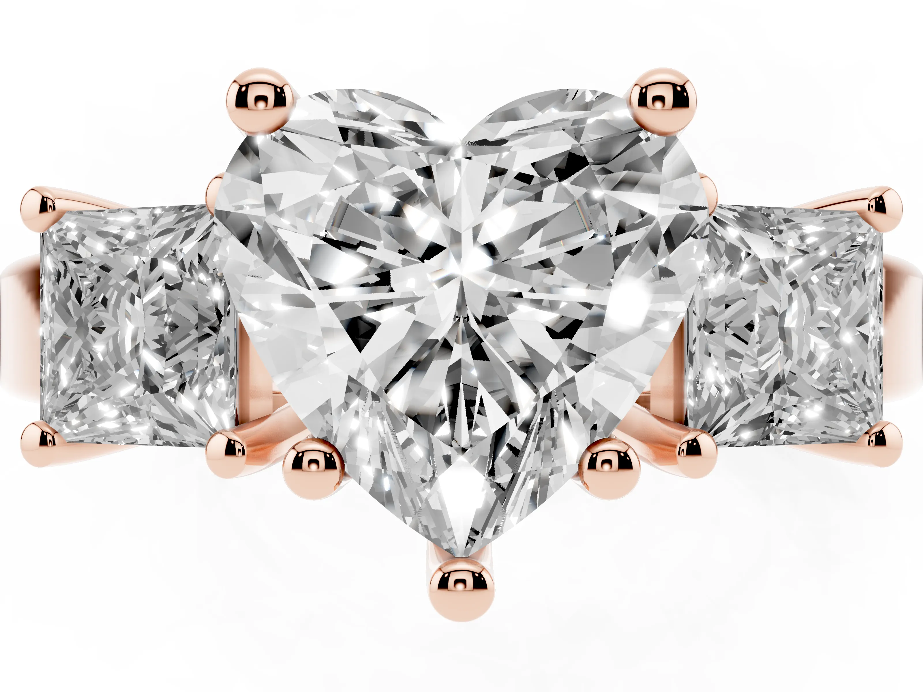Three-Stone Heart Cut Diamond Solitaire Ring Set in Rose gold with Prong Setting