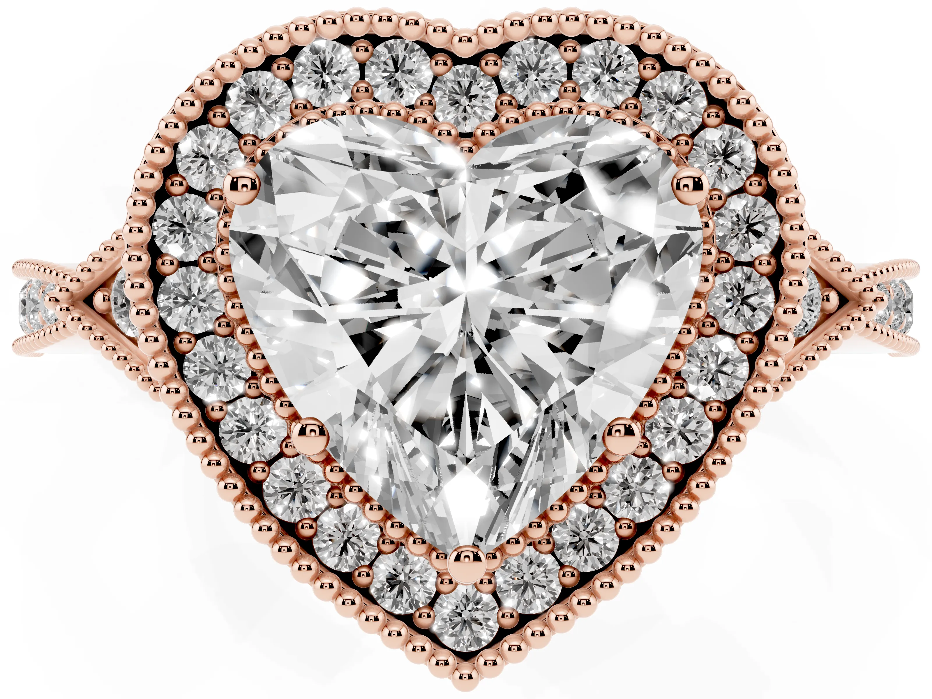 Heart Cut Diamond Halo Engagement Ring Set in Rose gold with Milgrain Pavé Band