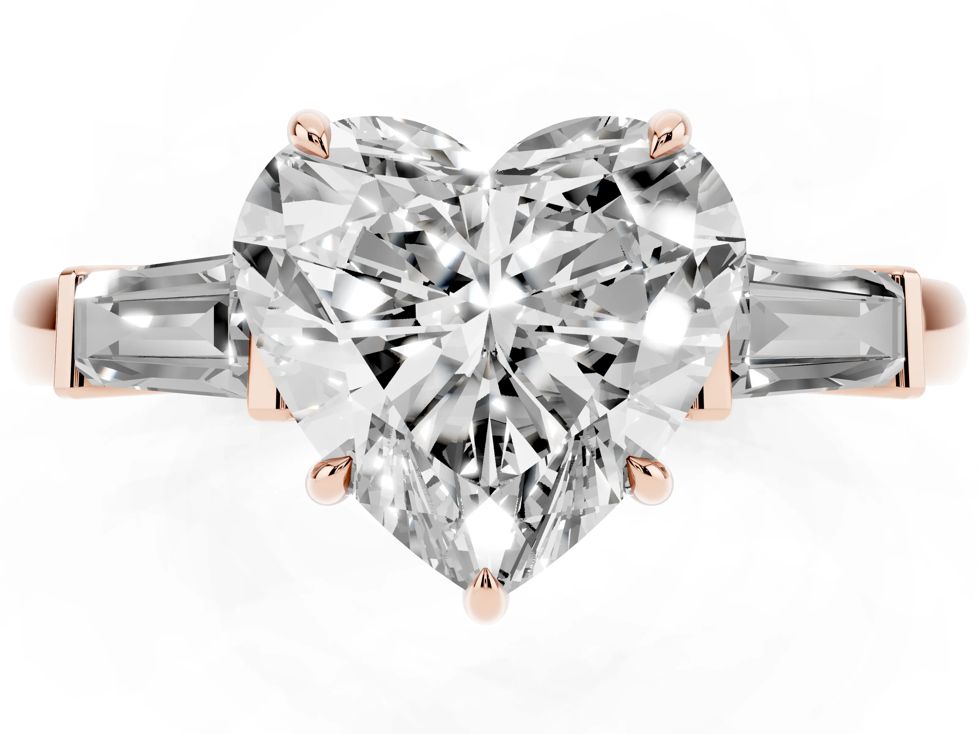 Heart Cut Diamond Three-Stone Ring Set in Rose gold with Tapered Baguette Side Stones and Prong Setting