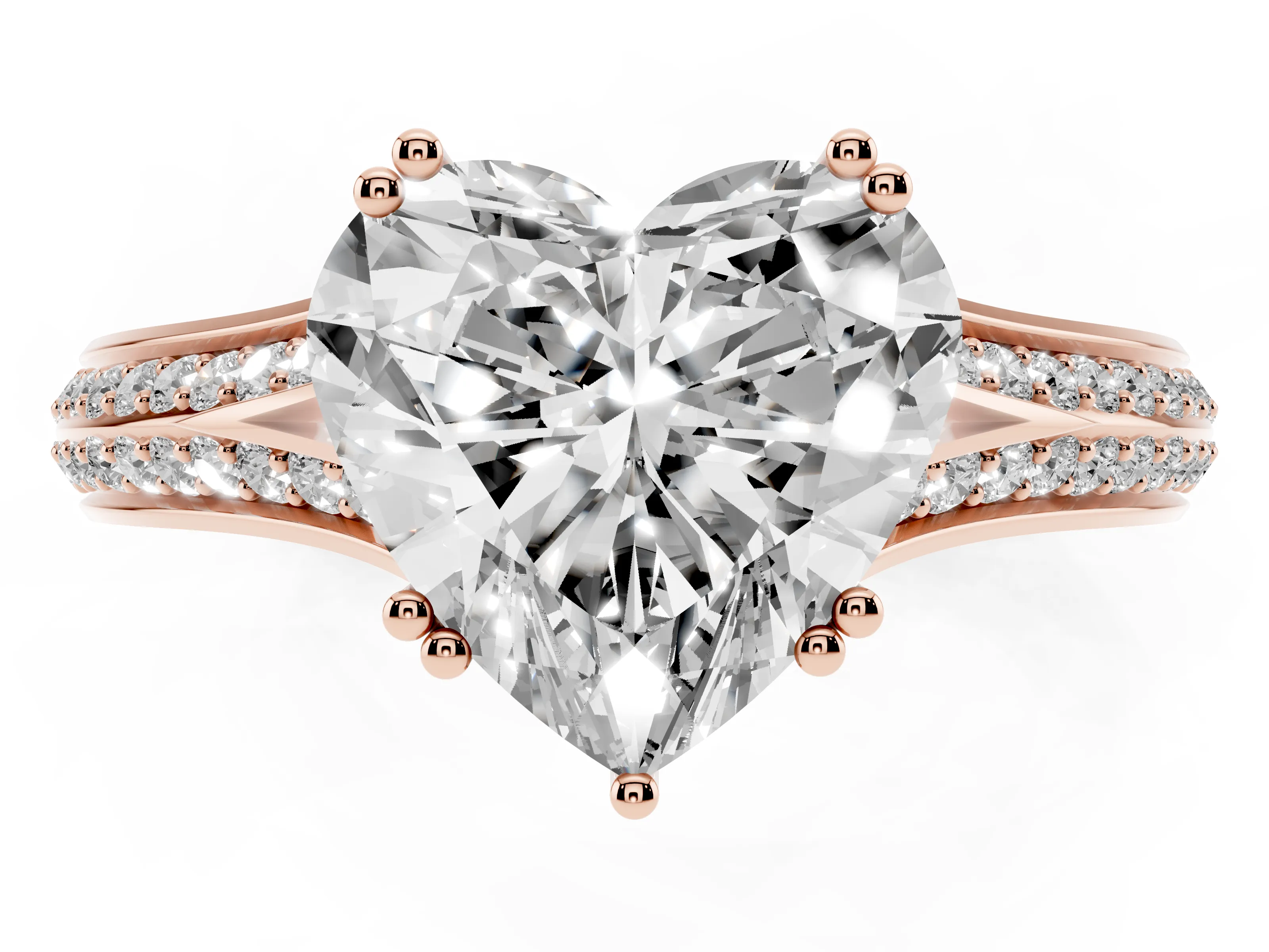 Heart Cut Diamond Split Shank Pavé Engagement Ring Set in Rose gold with Prong-Set Center Stone