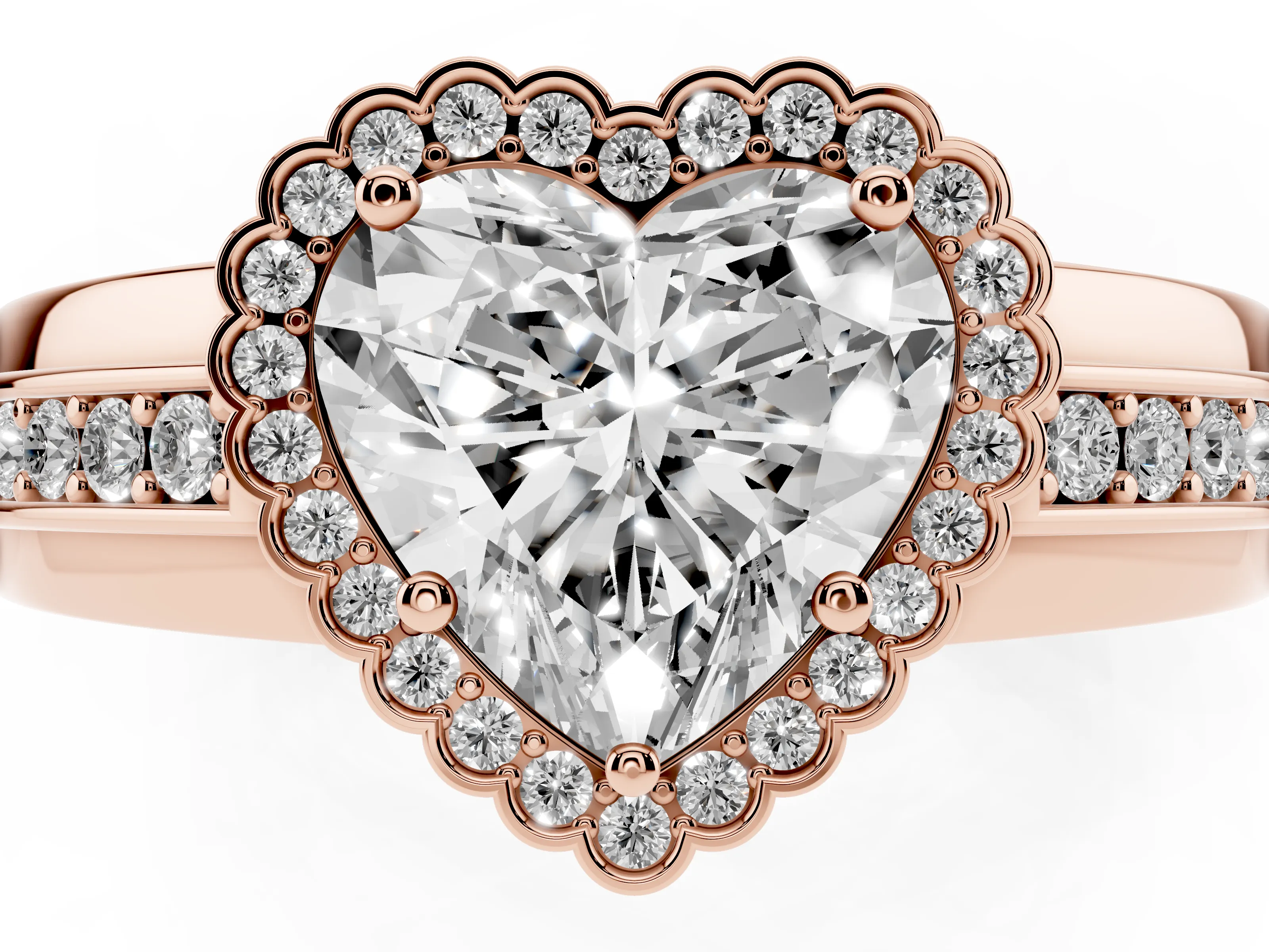 Heart Cut Diamond Halo Prong Ring Set in Rose gold with Pavé Band