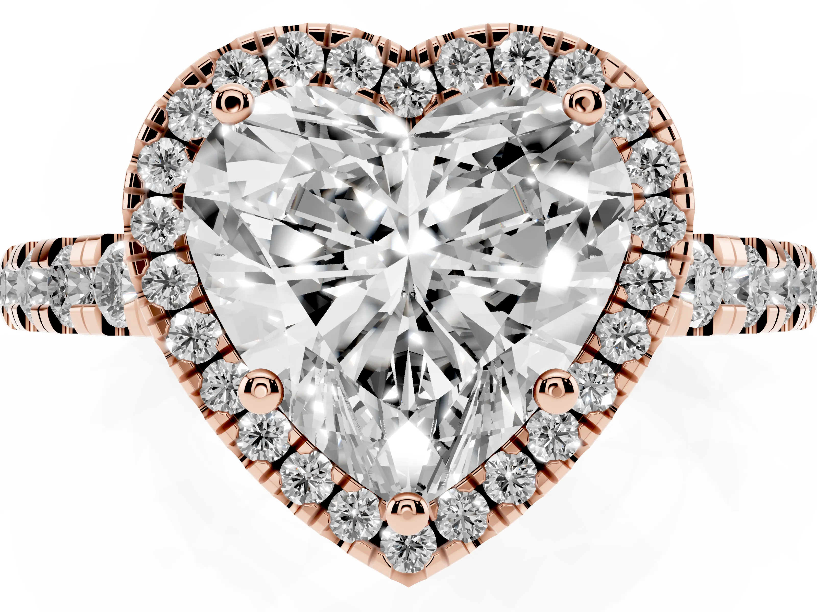 Heart Cut Diamond Halo Ring Set in Rose gold with Delicate Pavé Band and Prong Setting