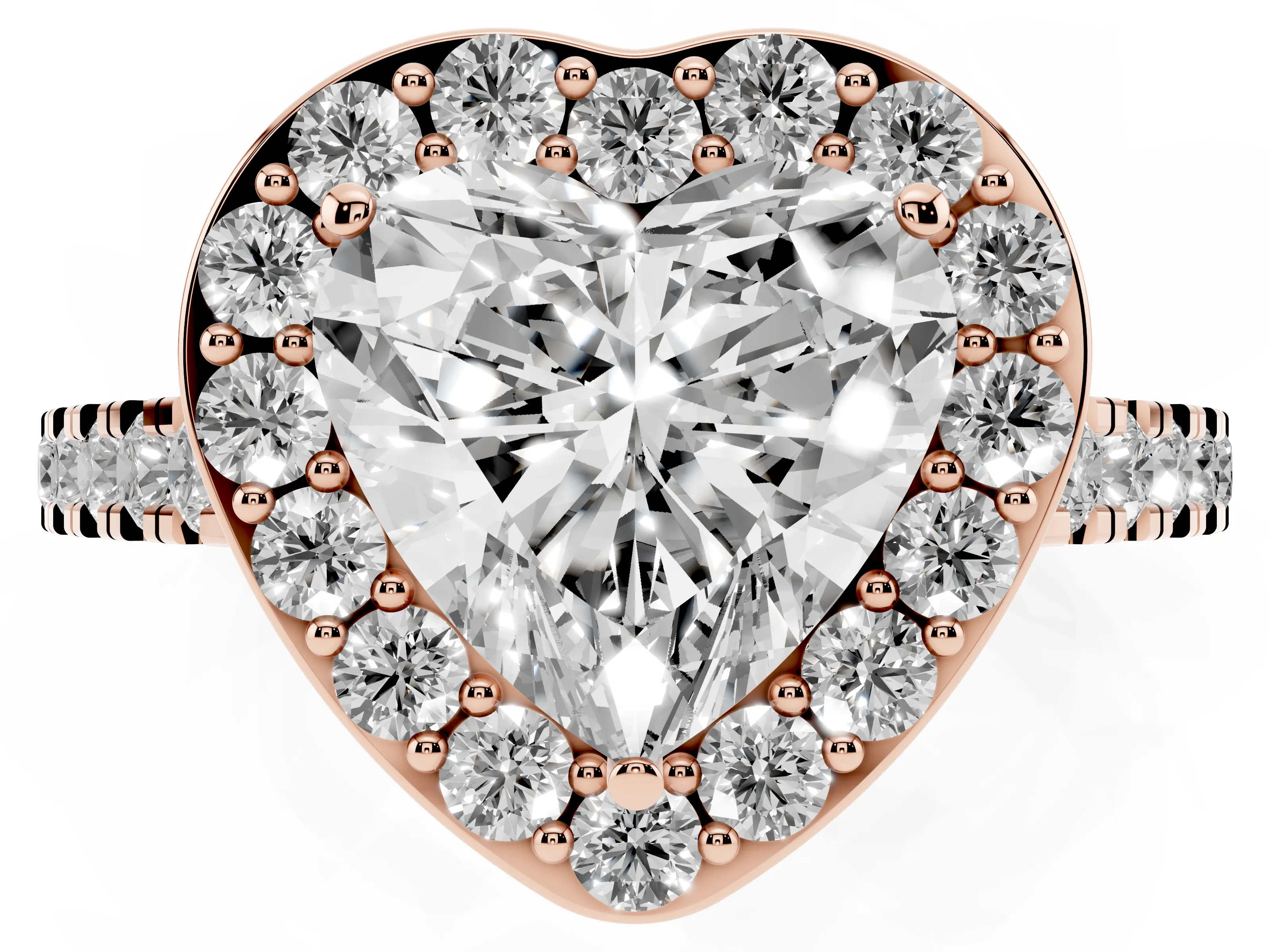 Heart Cut Diamond Halo Ring Set in Rose gold with Round Pavé Split Shank and Prong Setting