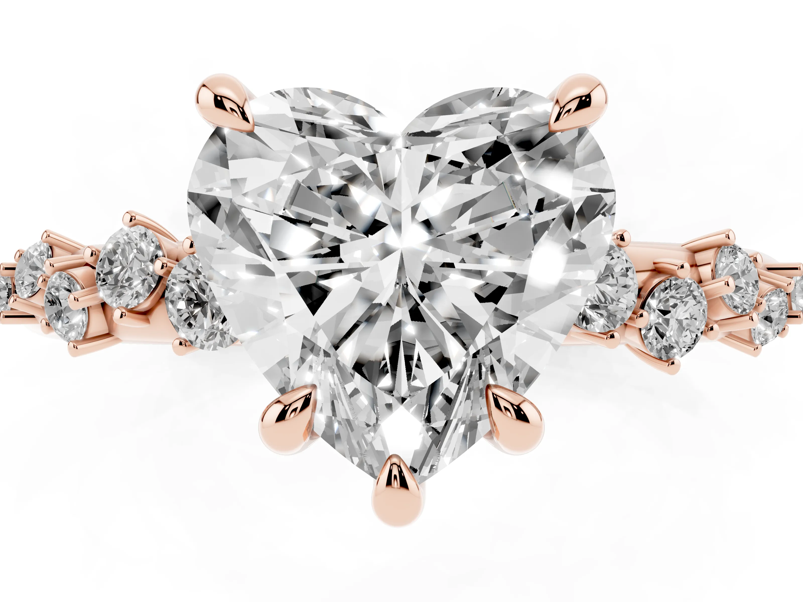 Heart Cut Diamond Solitaire Vine Band Ring Set in Rose gold with Round Accents and Prong Setting