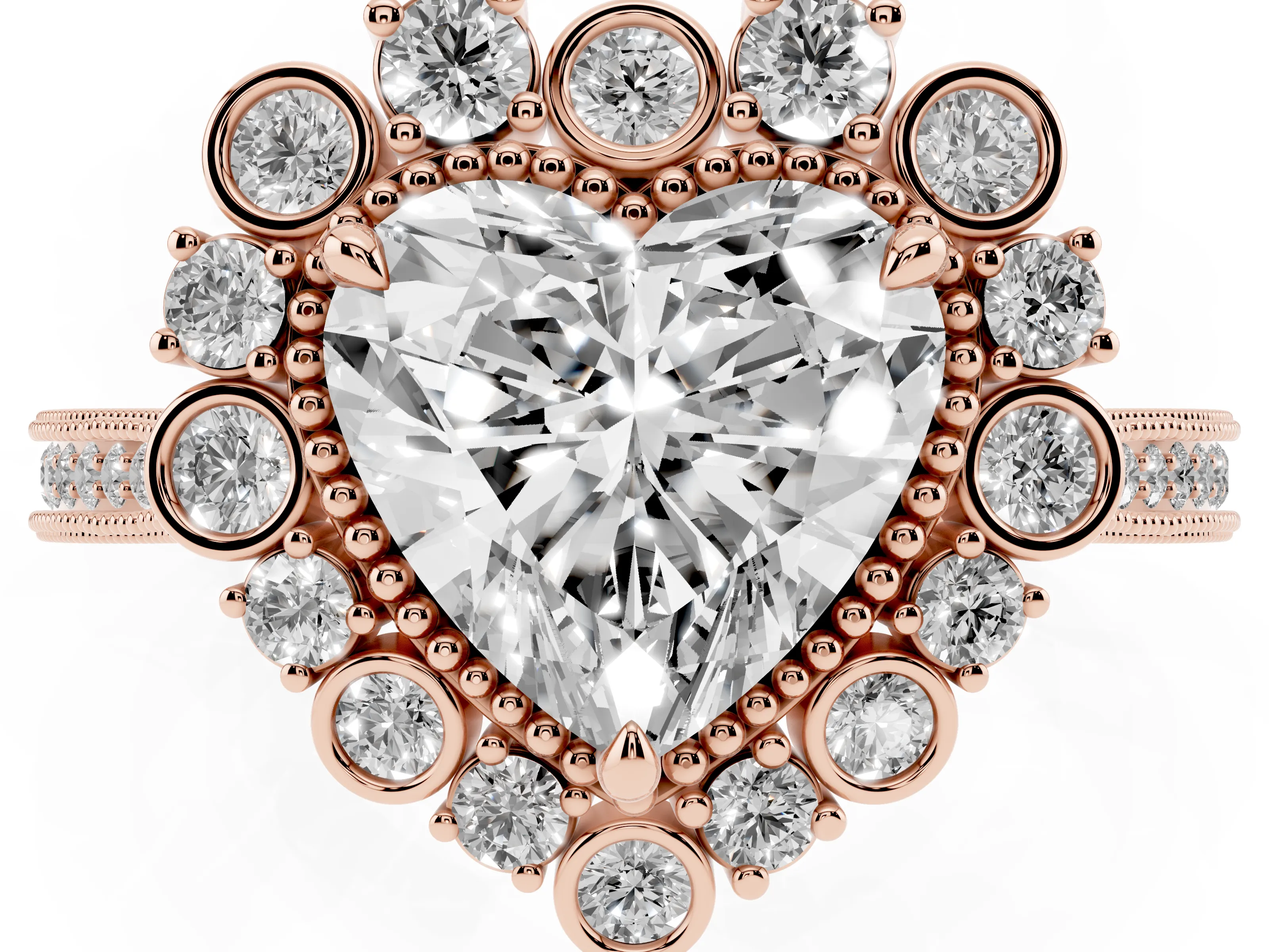 Heart Cut Diamond Halo Milgrain Pavé Ring Set in Rose gold with Prong Setting
