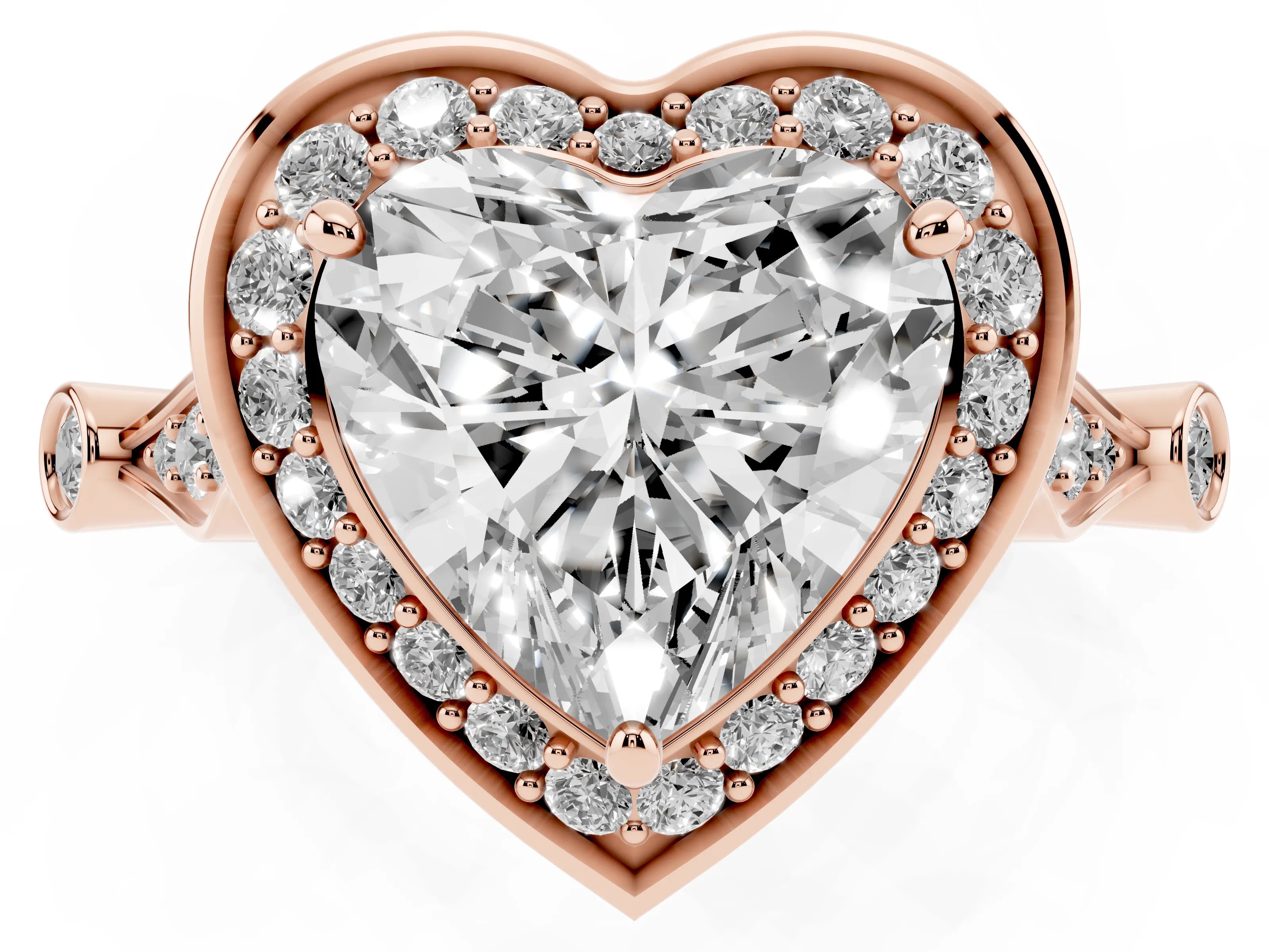 Heart Cut Diamond Halo Engagement Ring Set in Rose gold with Twisted Band and Prong Setting