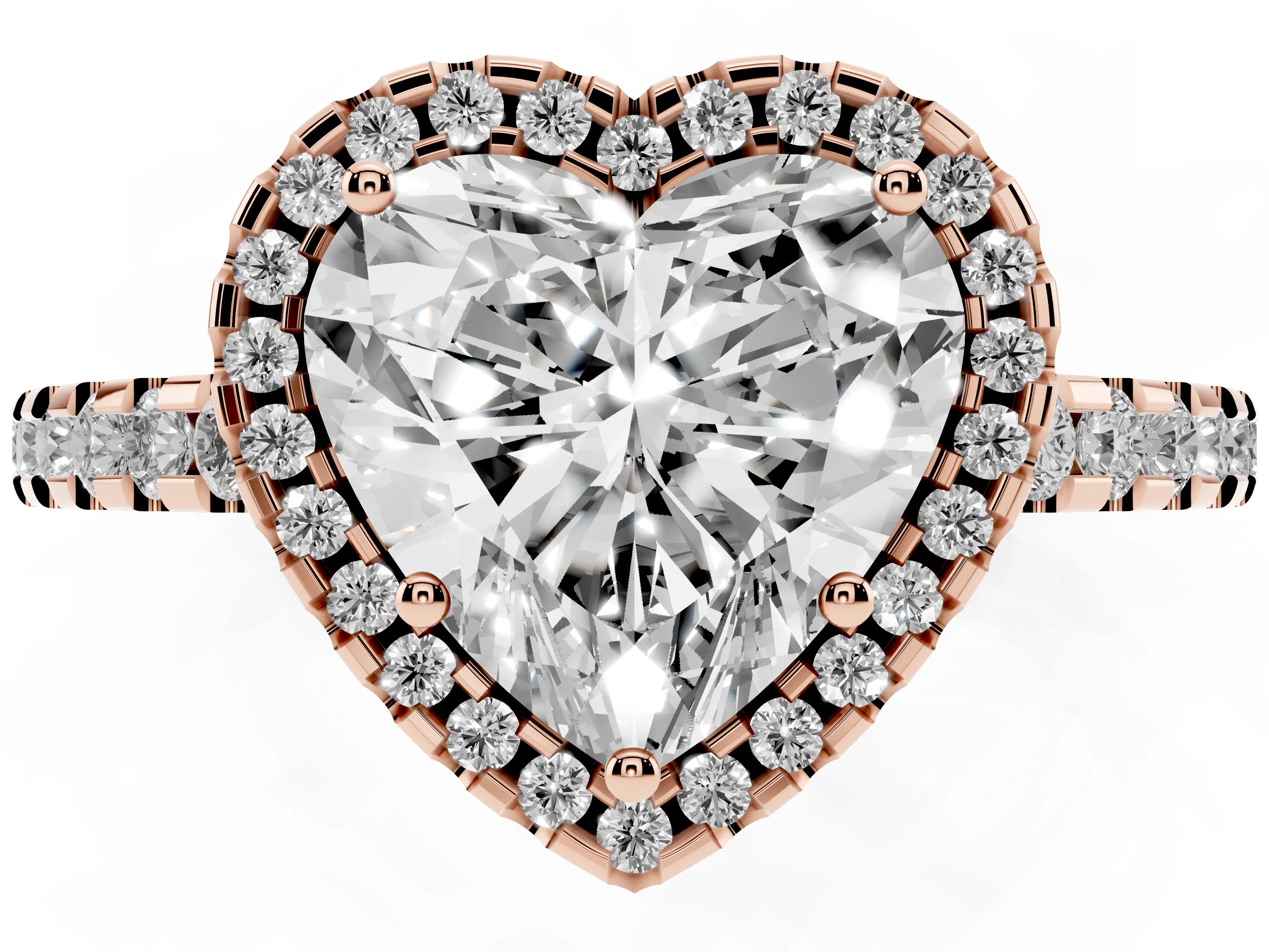 Heart Cut Diamond Halo Ring Set in Rose gold with Pavé Shoulders and Halo-Framed Center