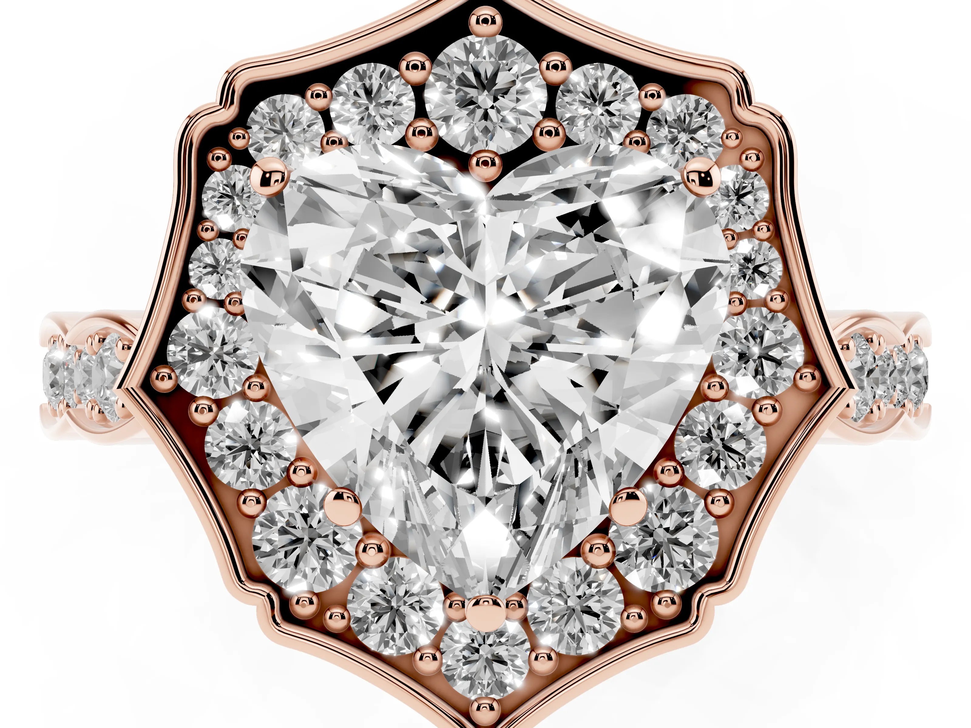 Heart Cut Diamond Halo Engagement Ring Set in Rose gold with Milgrain Band and Prong Setting