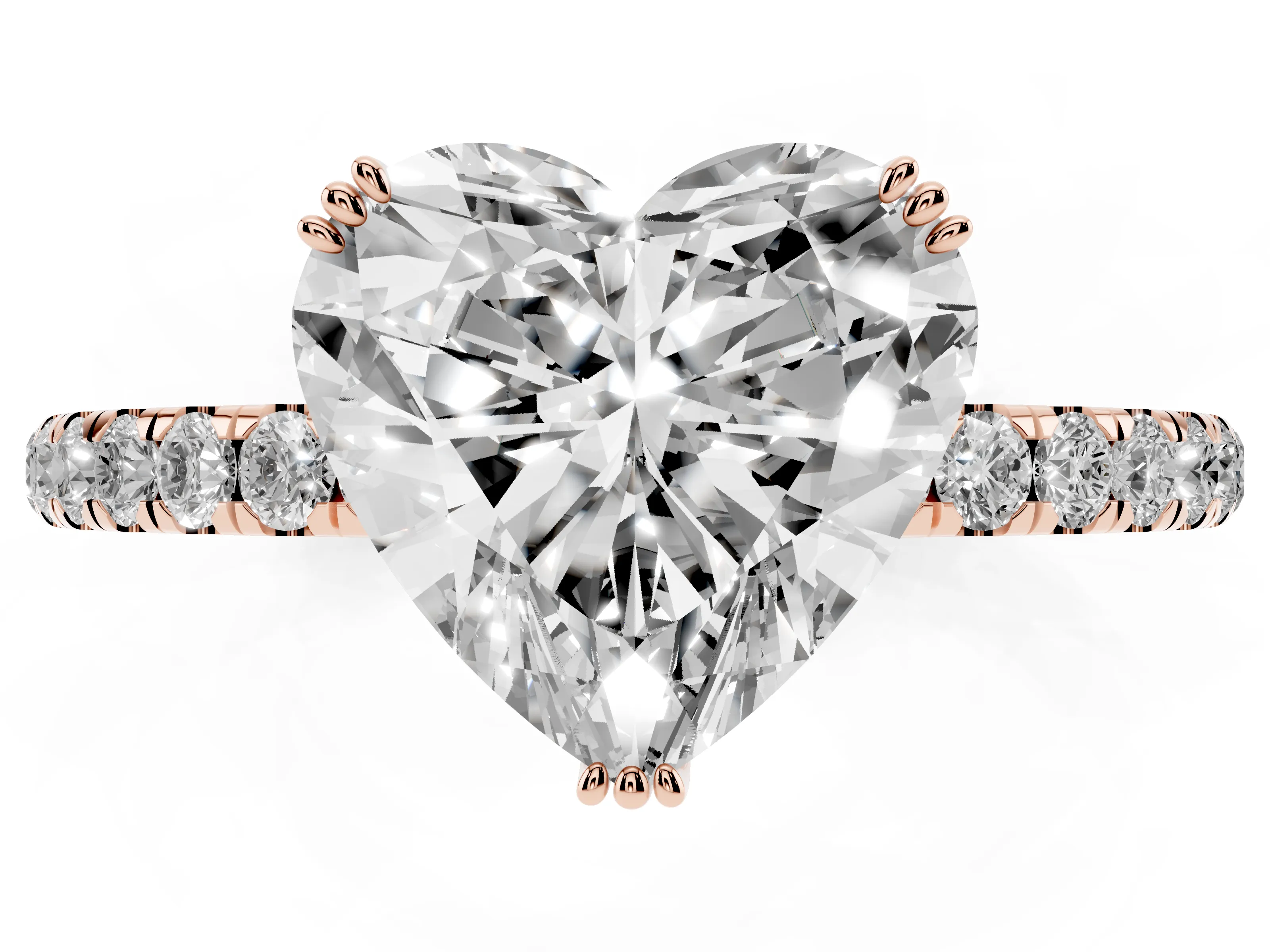 Heart Cut Diamond Brilliant Solitaire Set in Rose gold with Pavé Band and Claw Prong Setting