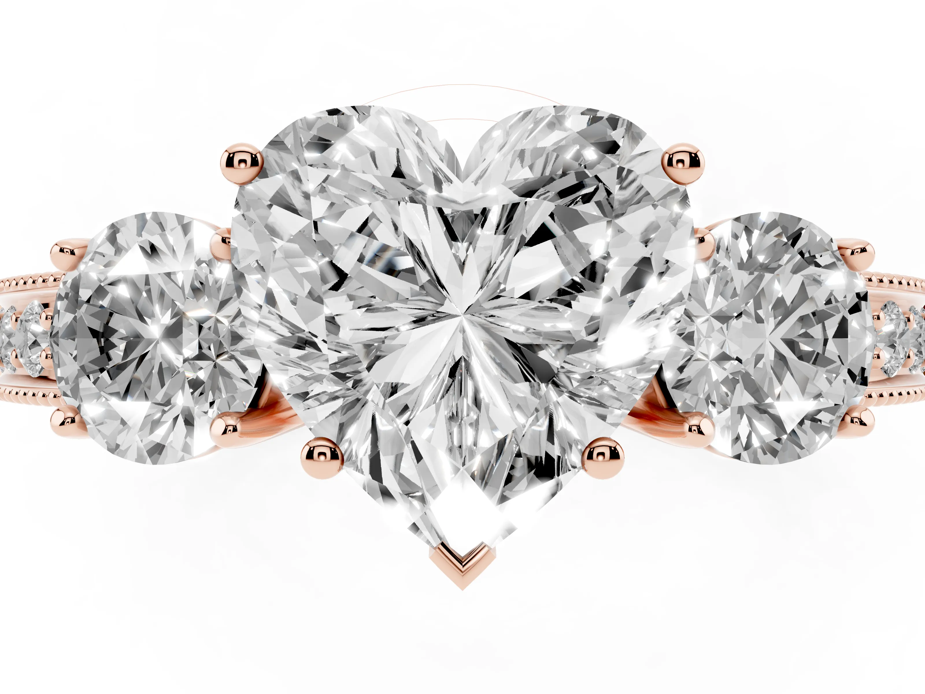 Heart Cut Diamond Three-Stone Ring Set in Rose gold with Round Side Stones and Pavé Band