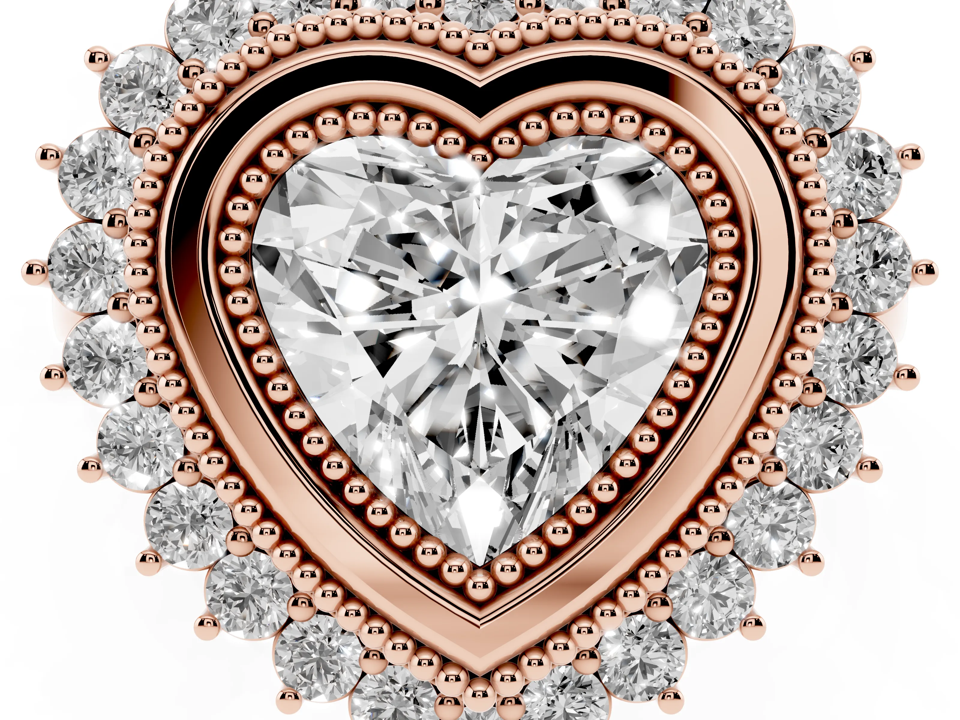 Heart Cut Diamond Halo Ring Set in Rose gold with Milgrain Edge and Round Prong Setting