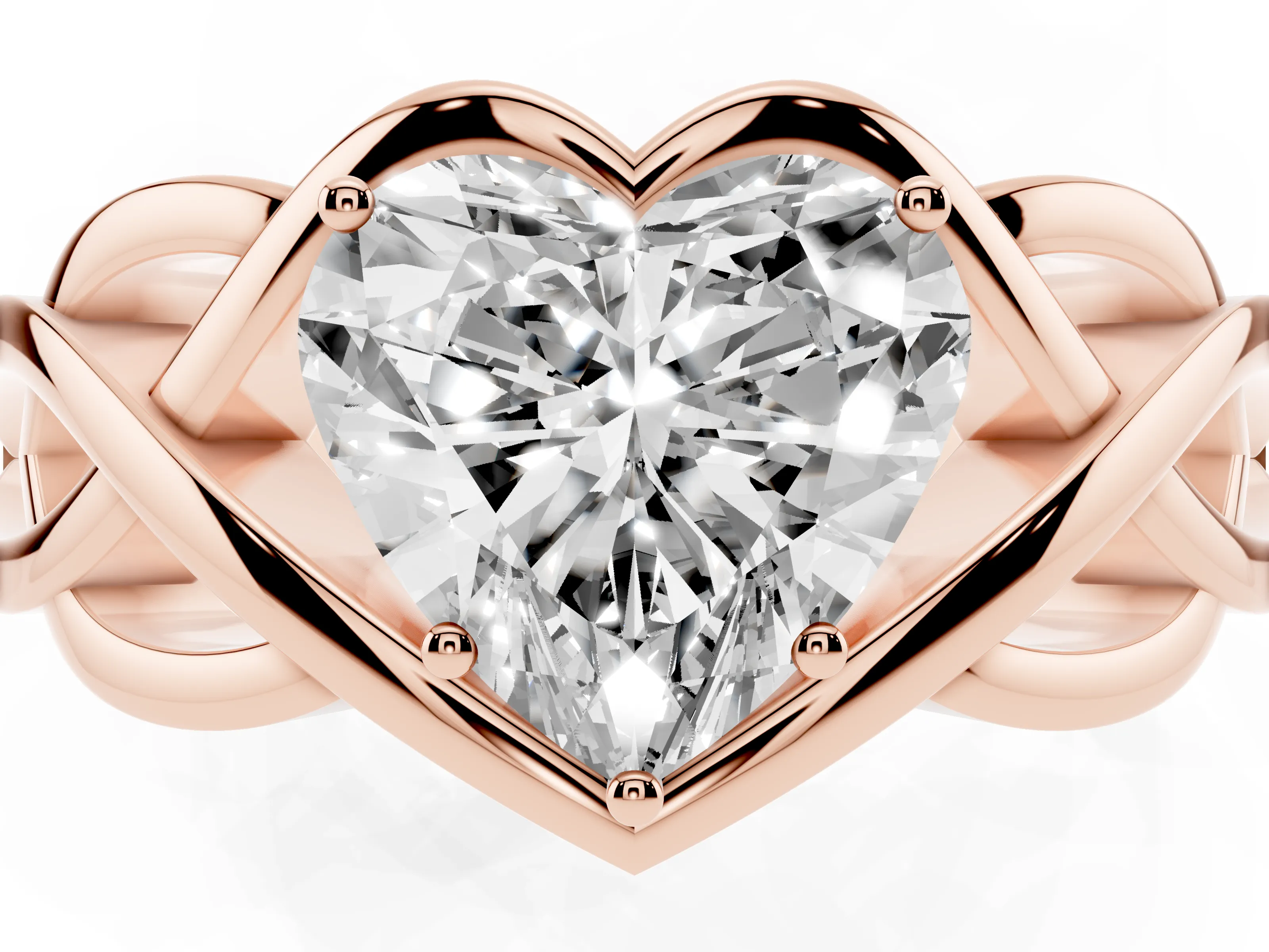 Heart Cut Diamond Solitaire Ring Set in Rose gold with Intertwined Band