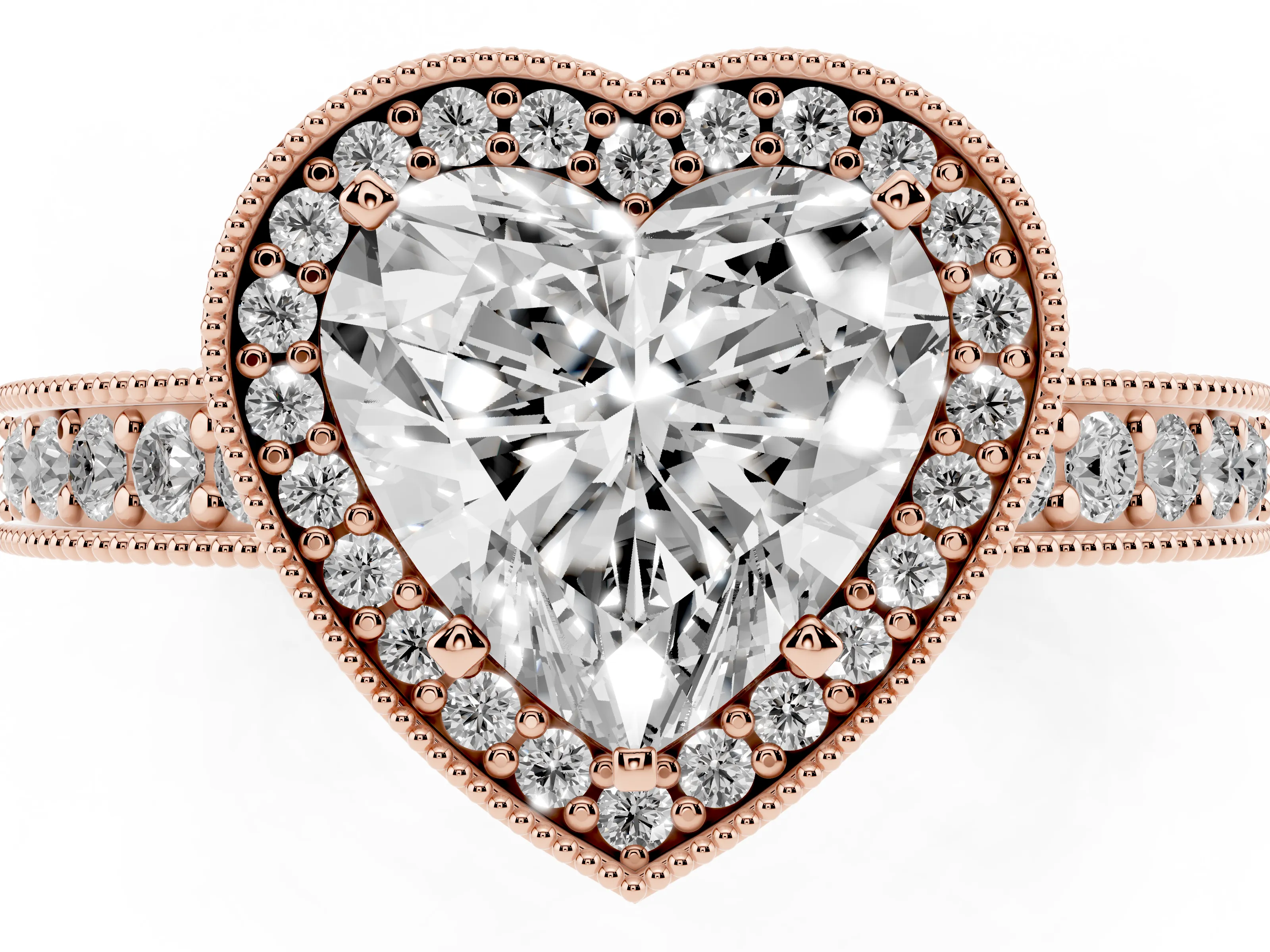 Heart Cut Diamond Halo Pavé Band Ring Set in Rose gold with Prong-Set Center