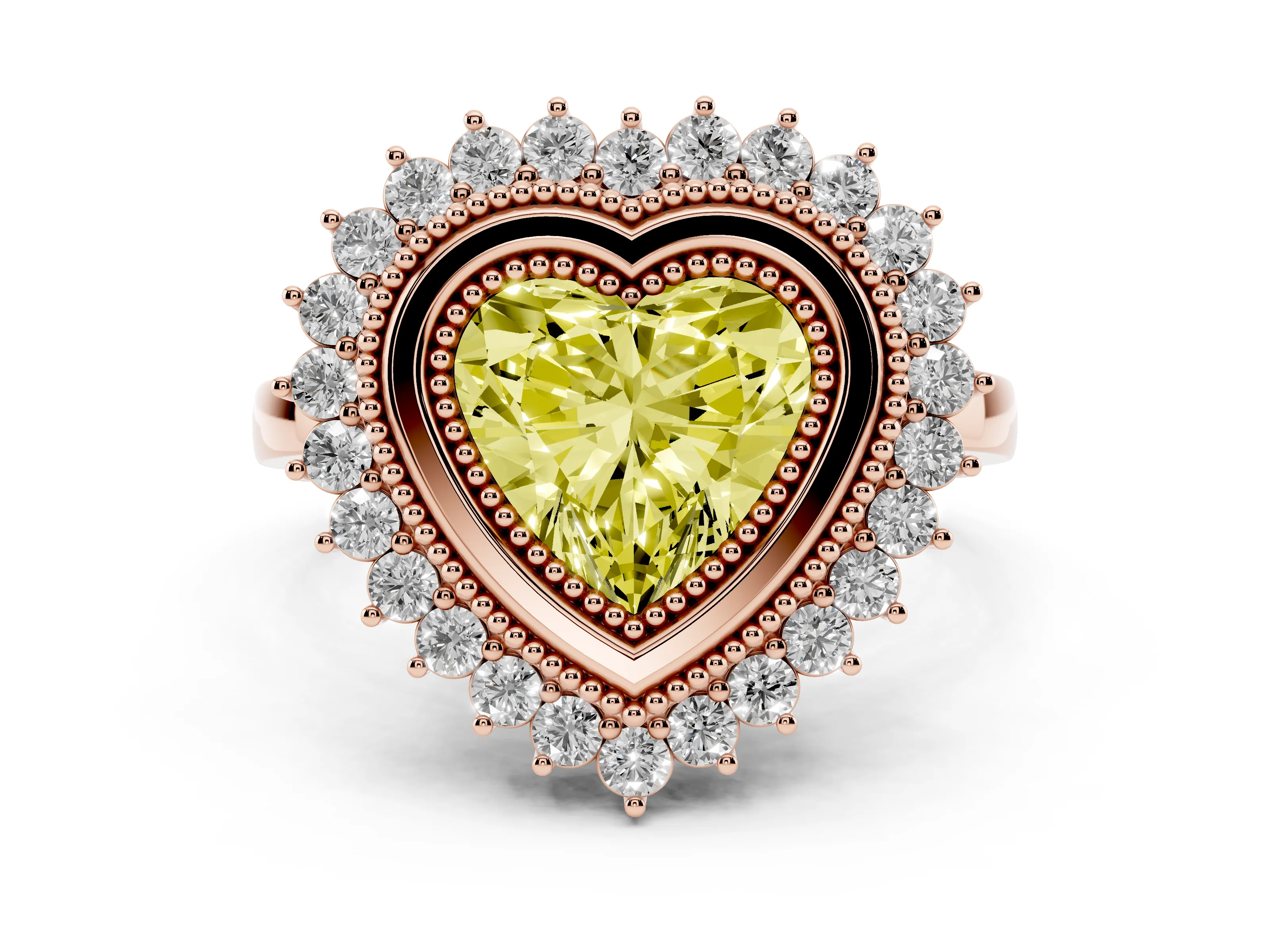 Fancy Yellow Heart Cut Diamond Halo Ring Set in Rose gold with Milgrain Edge and Round Prong Setting
