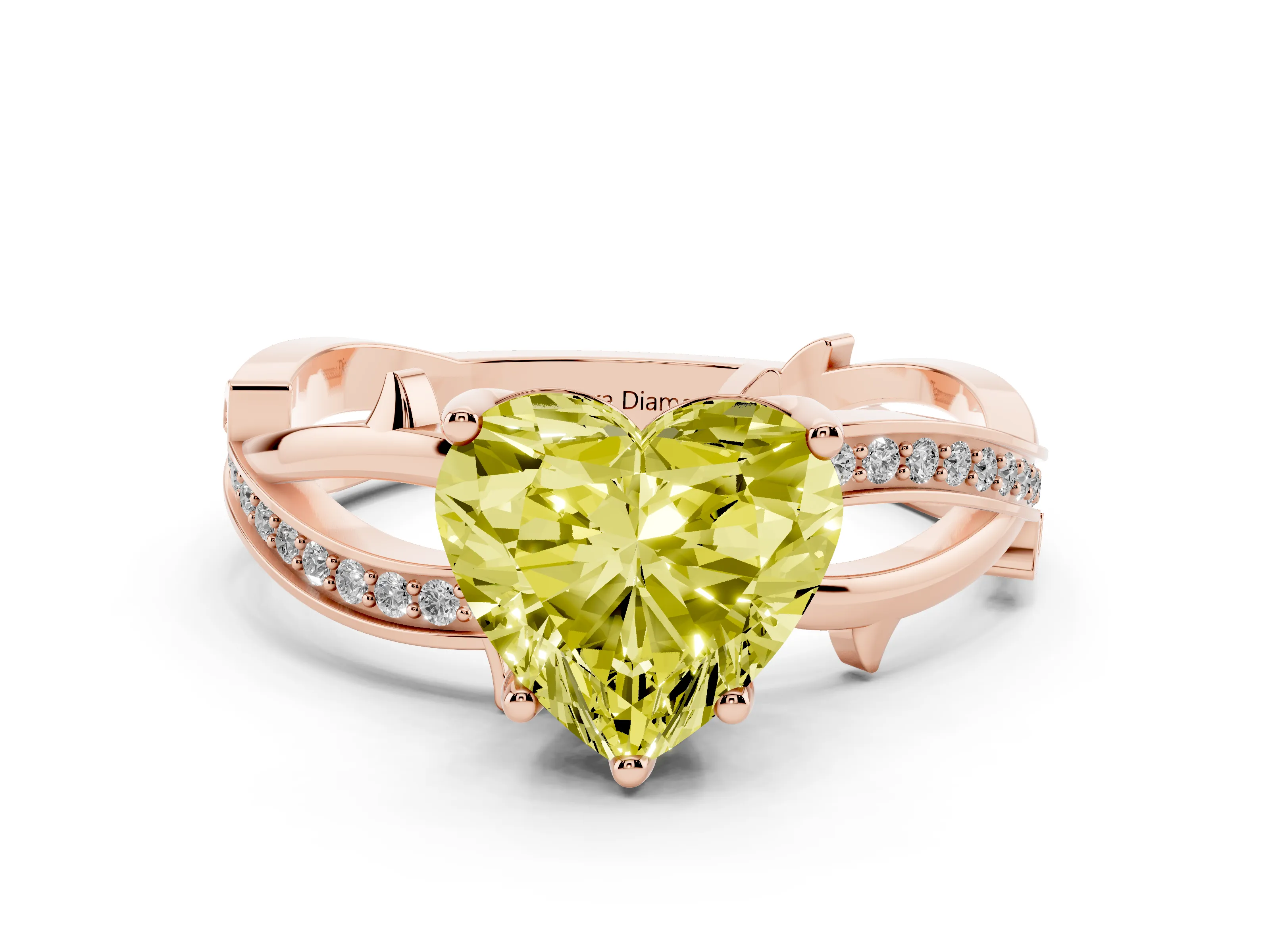 Fancy Yellow Heart Cut Diamond Pavé Twist Band Solitaire Ring Set in Rose gold with Prong Setting