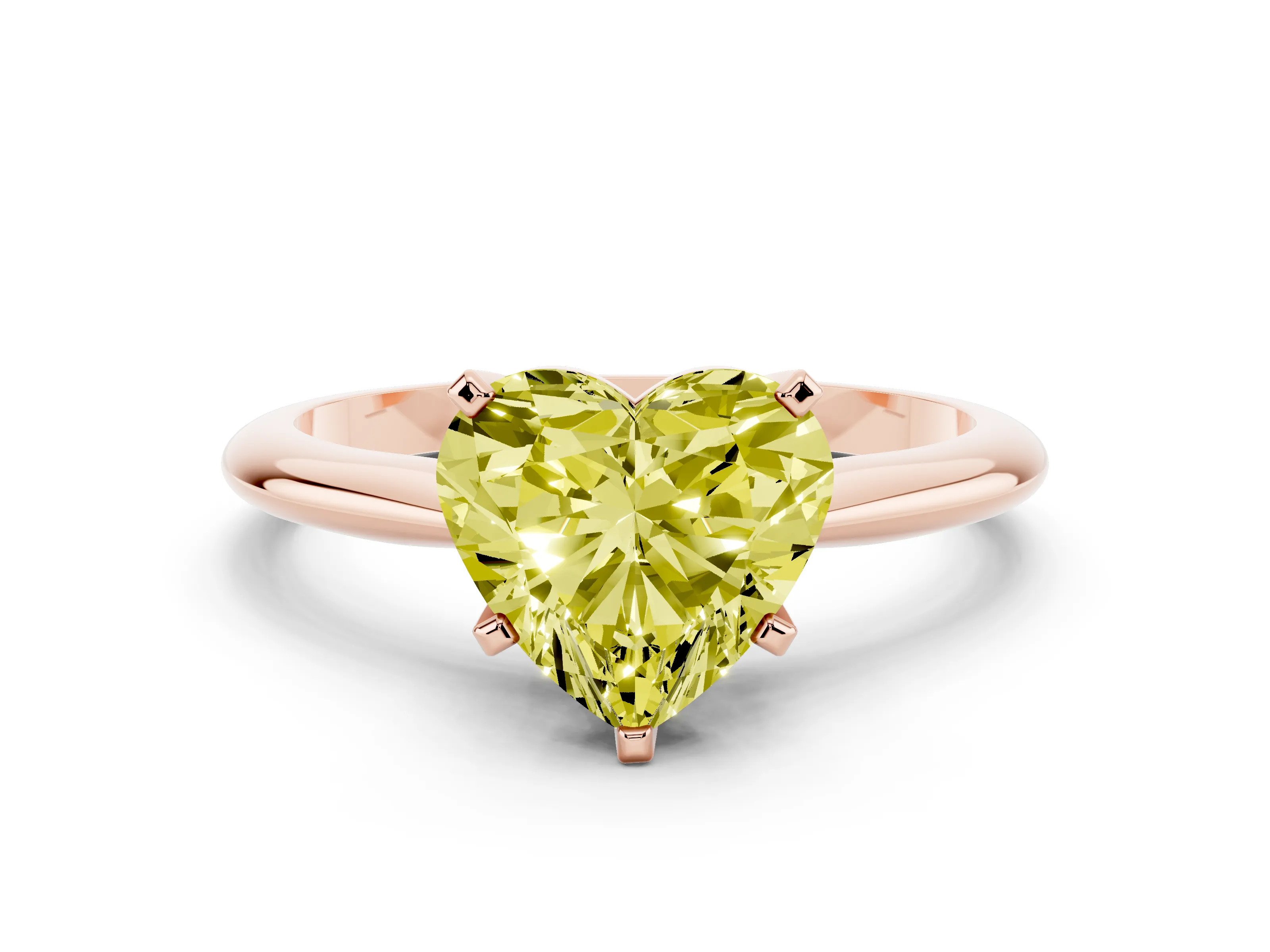 Fancy Yellow Heart Cut Diamond Solitaire Ring Set in Rose gold with Prong Setting on a Plain Round Band