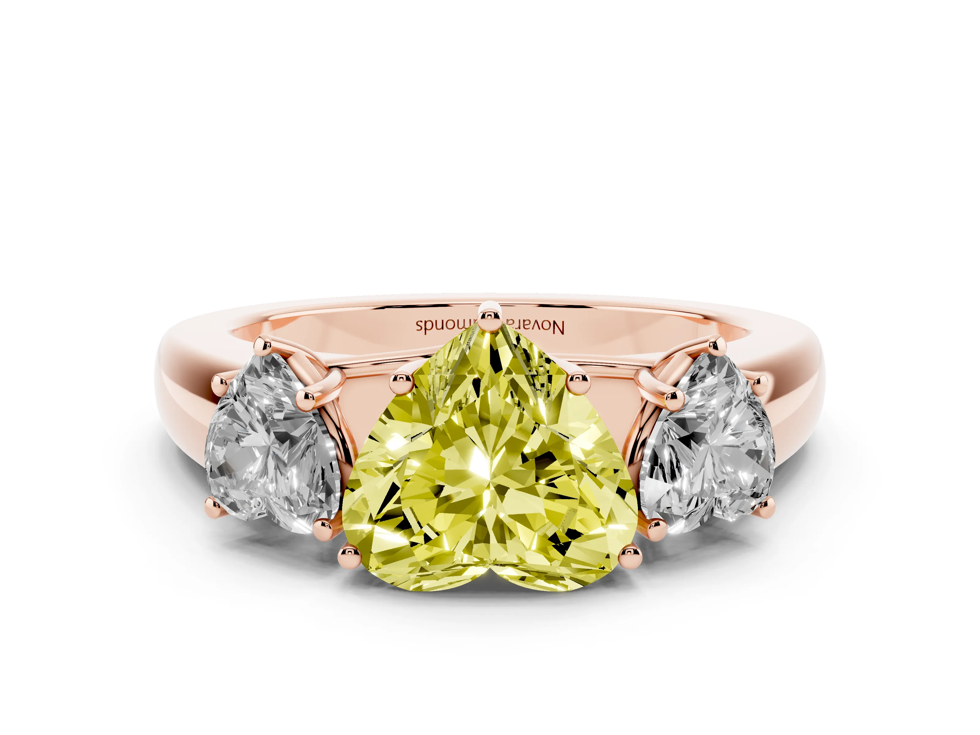 Fancy Yellow Three-Stone Heart Cut Diamond Ring Set in Rose gold with Matching Prong Settings and Plain Band