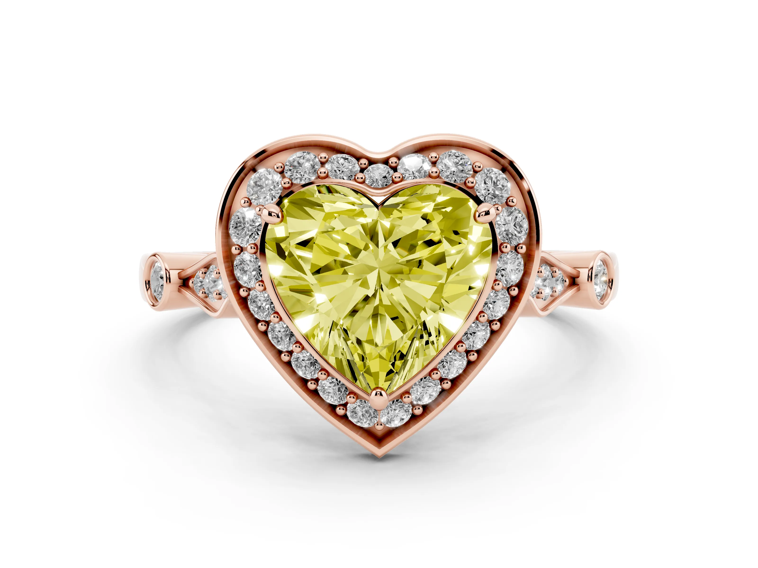 Fancy Yellow Heart Cut Diamond Halo Engagement Ring Set in Rose gold with Twisted Band and Prong Setting