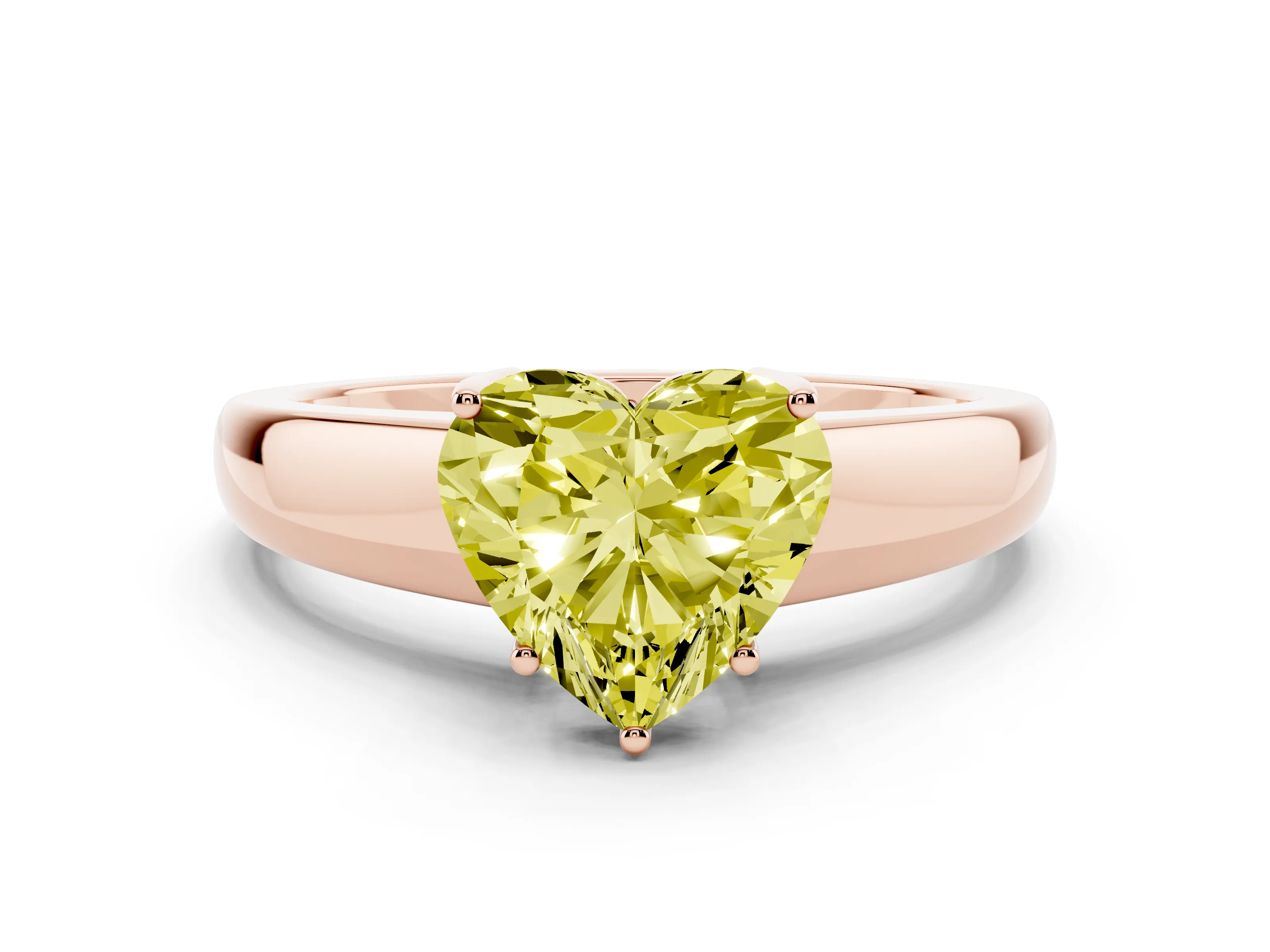 Fancy Yellow Heart Cut Diamond Solitaire Ring Set in Rose gold with Tapered Band and Prong Setting