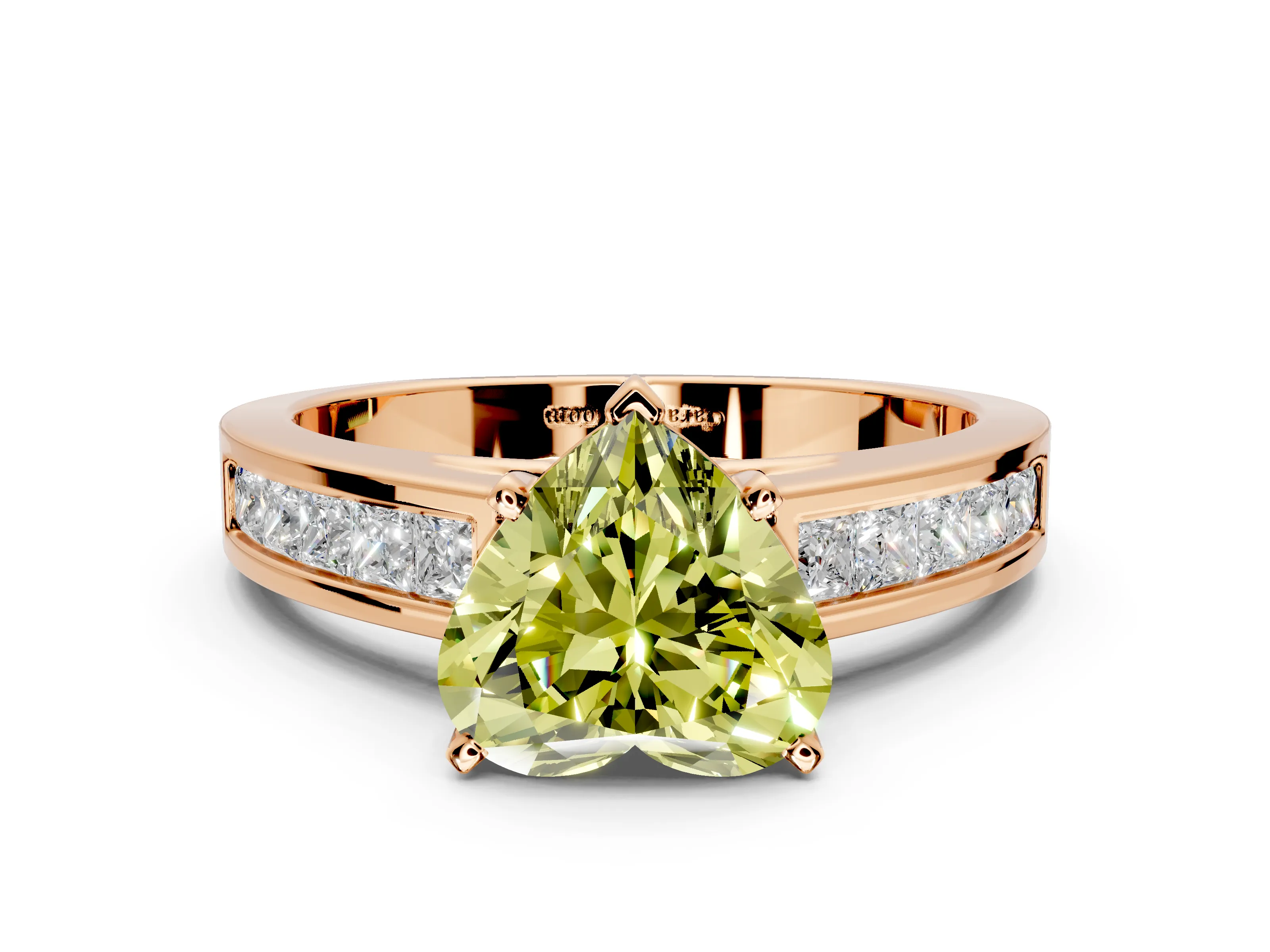 Solitaire Engagement Ring Setting for Fancy Yellow Heart-Shaped Center with Princess Cut Channel Band and Prong Head in Rose Gold