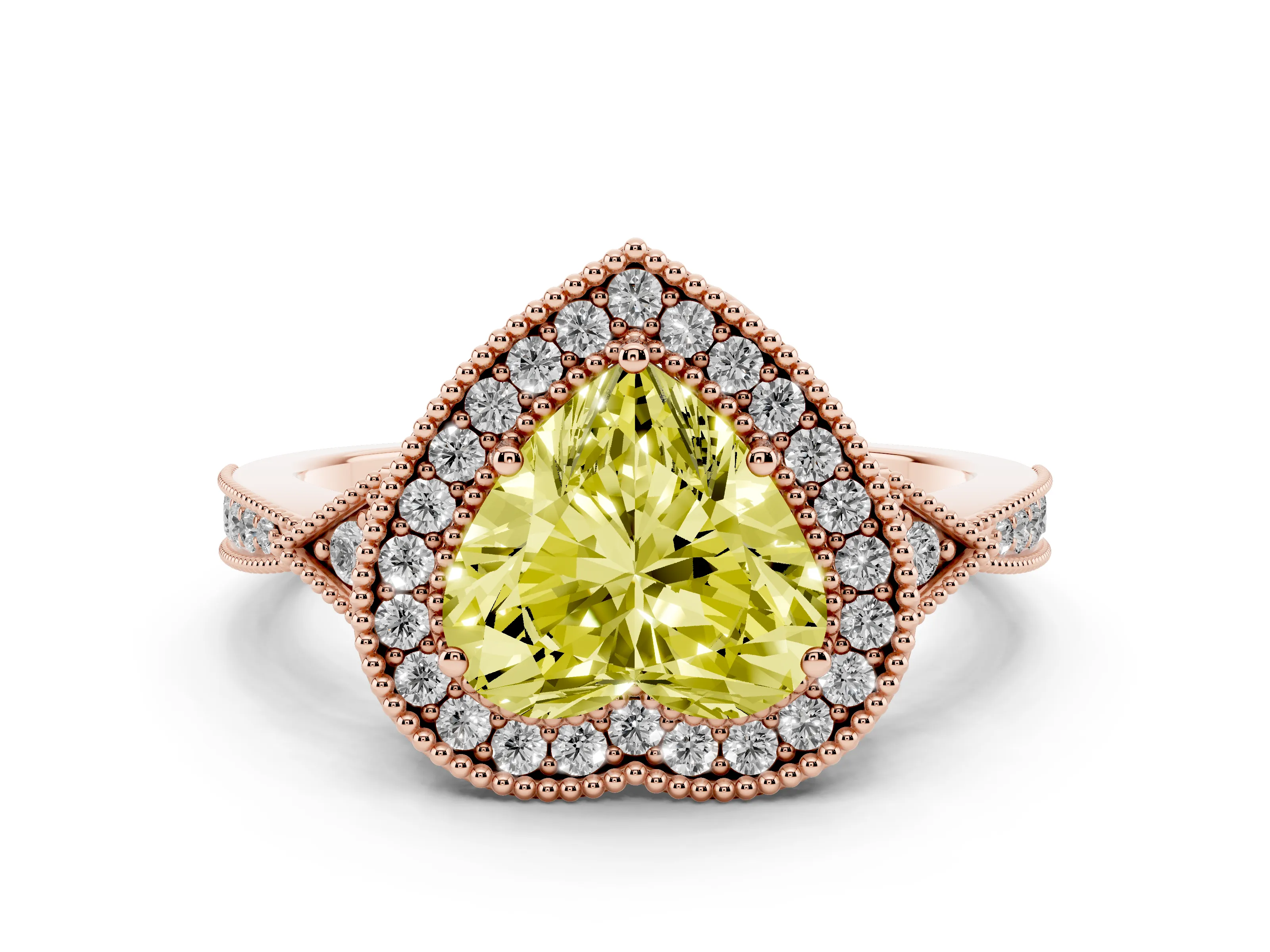 Fancy Yellow Heart Cut Diamond Halo Engagement Ring Set in Rose gold with Milgrain Pavé Band