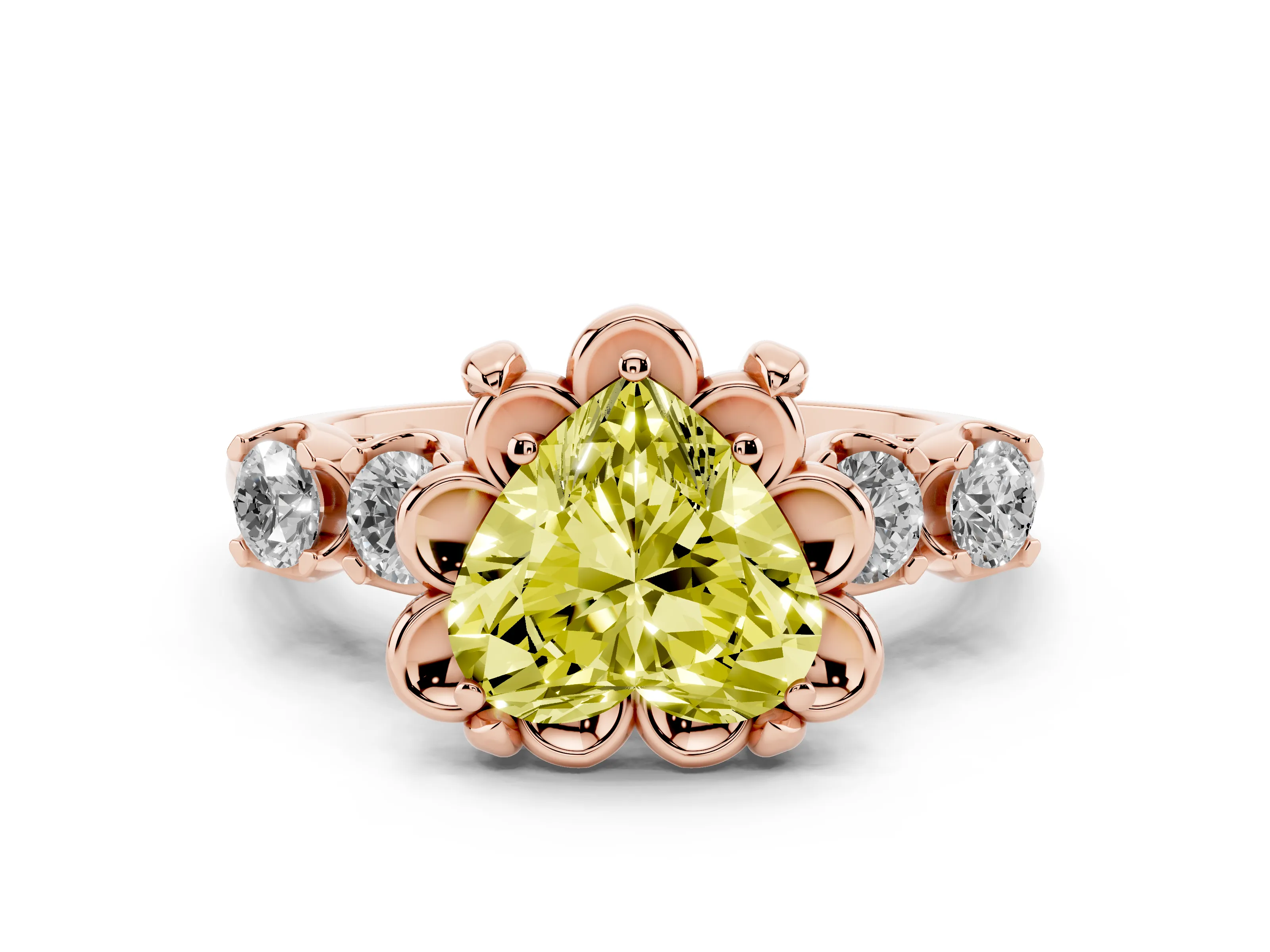 Fancy Yellow Heart Cut Diamond Floral Halo Ring Set in Rose gold with Shared Prong Band
