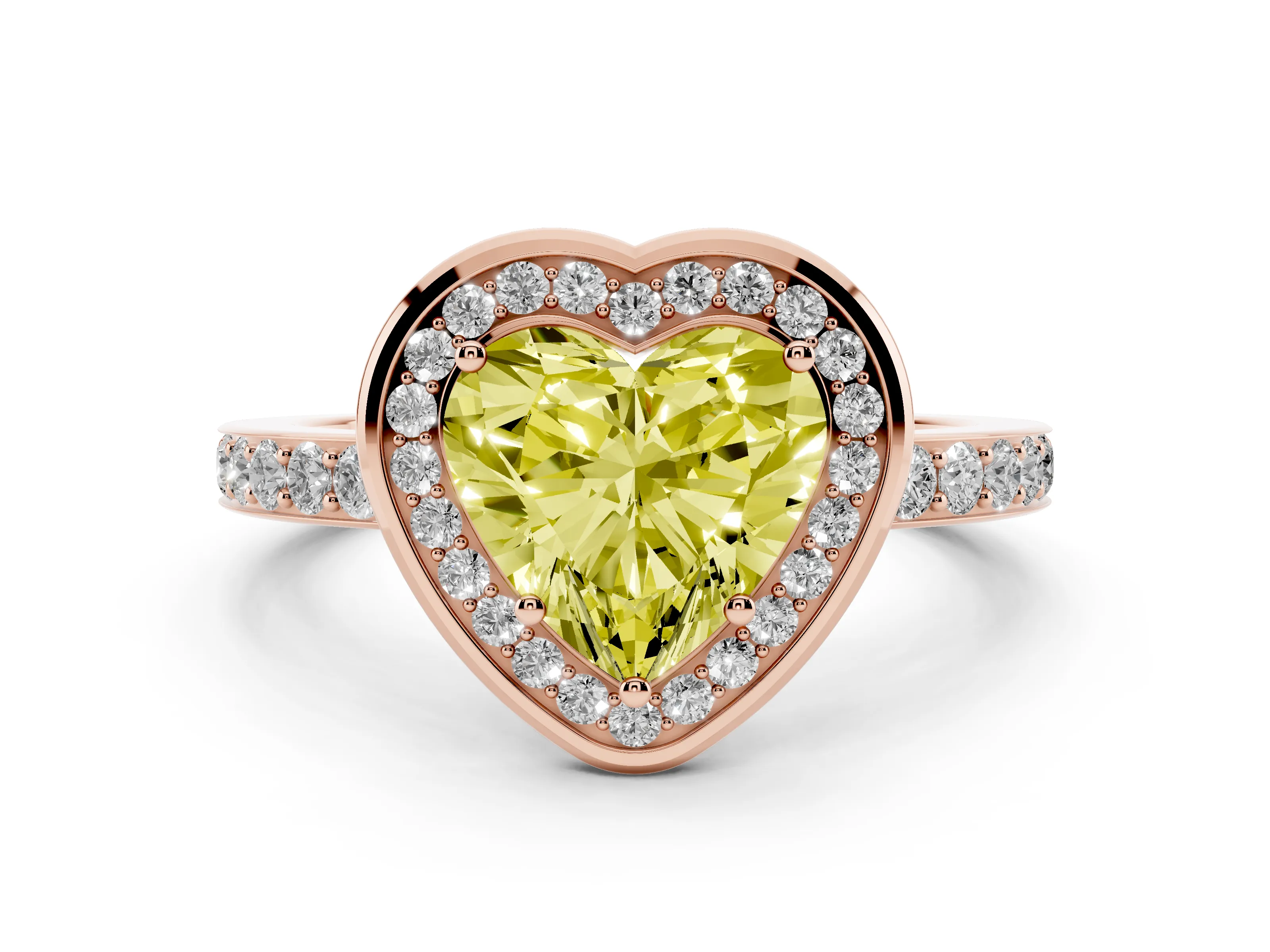 Fancy Yellow Heart Cut Diamond Halo Ring Set in Rose gold with Bezel Frame and Pavé Band