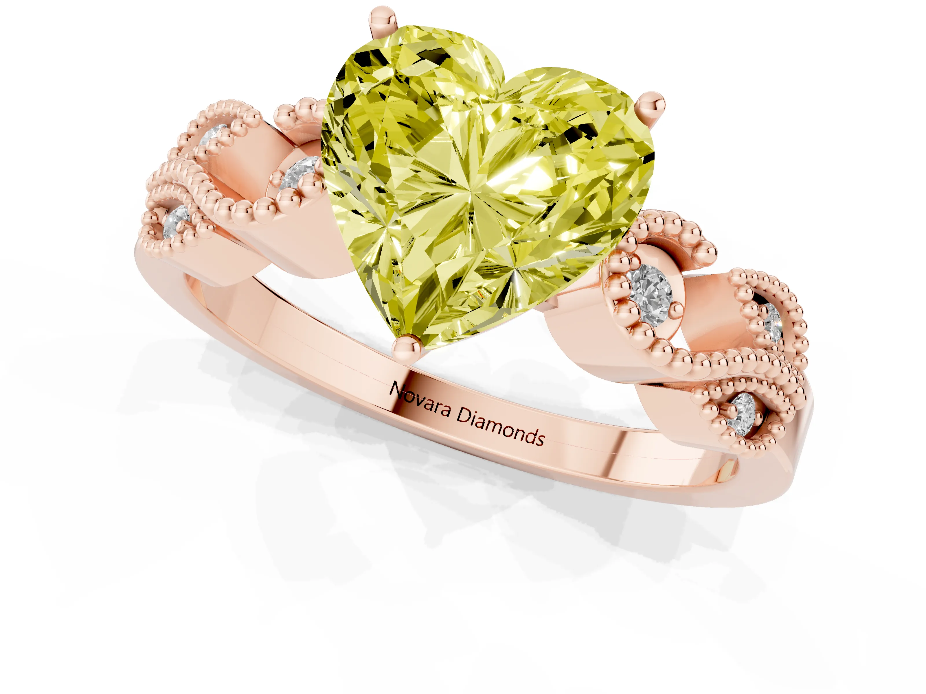 Fancy Yellow Heart Cut Diamond Milgrain Leaf Band Solitaire Ring Set in Rose gold with Accent Stones and Prong Setting