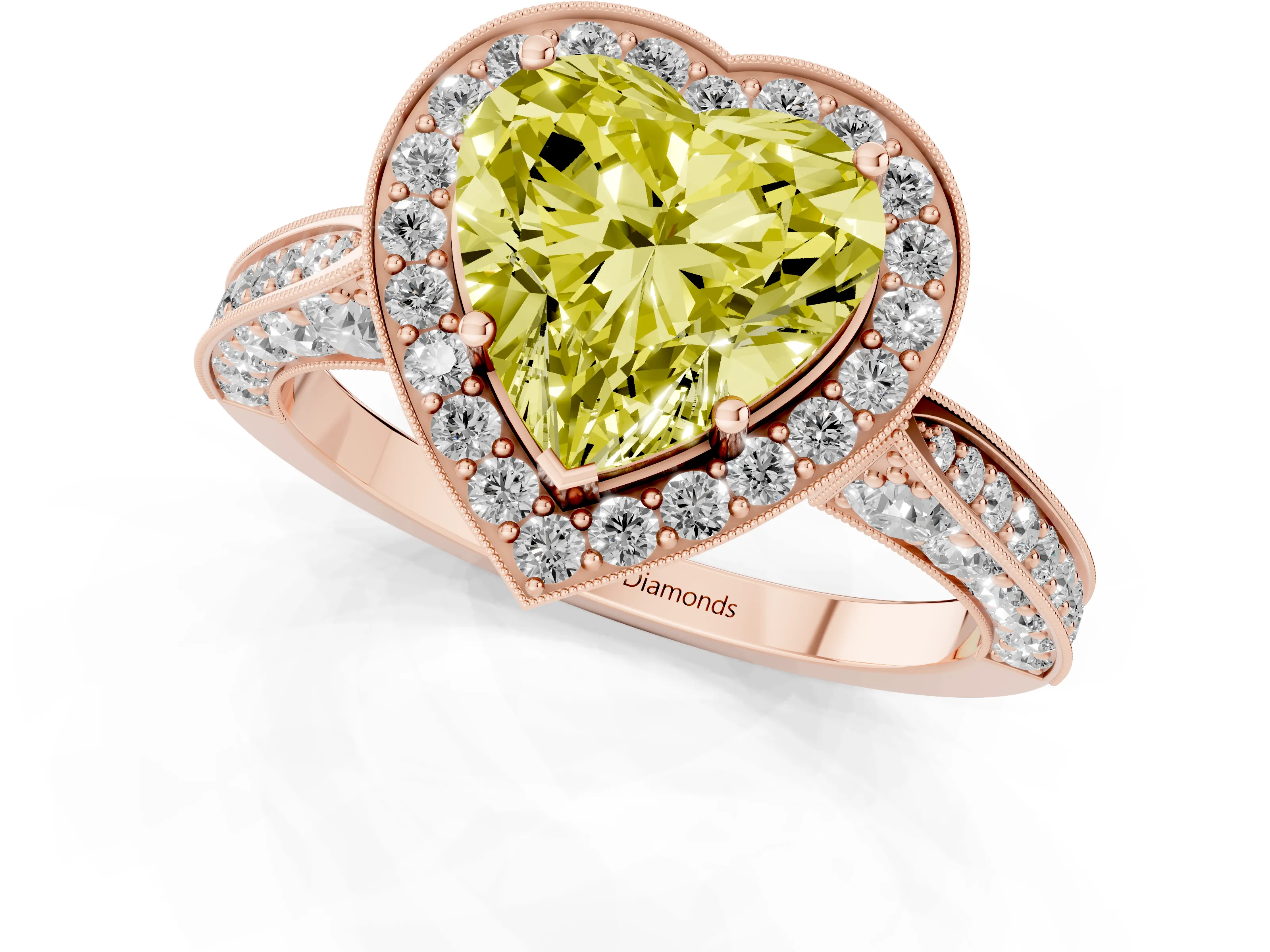 Fancy Yellow Heart Cut Diamond Halo Engagement Ring Set in Rose gold with Accent Split Shank Band