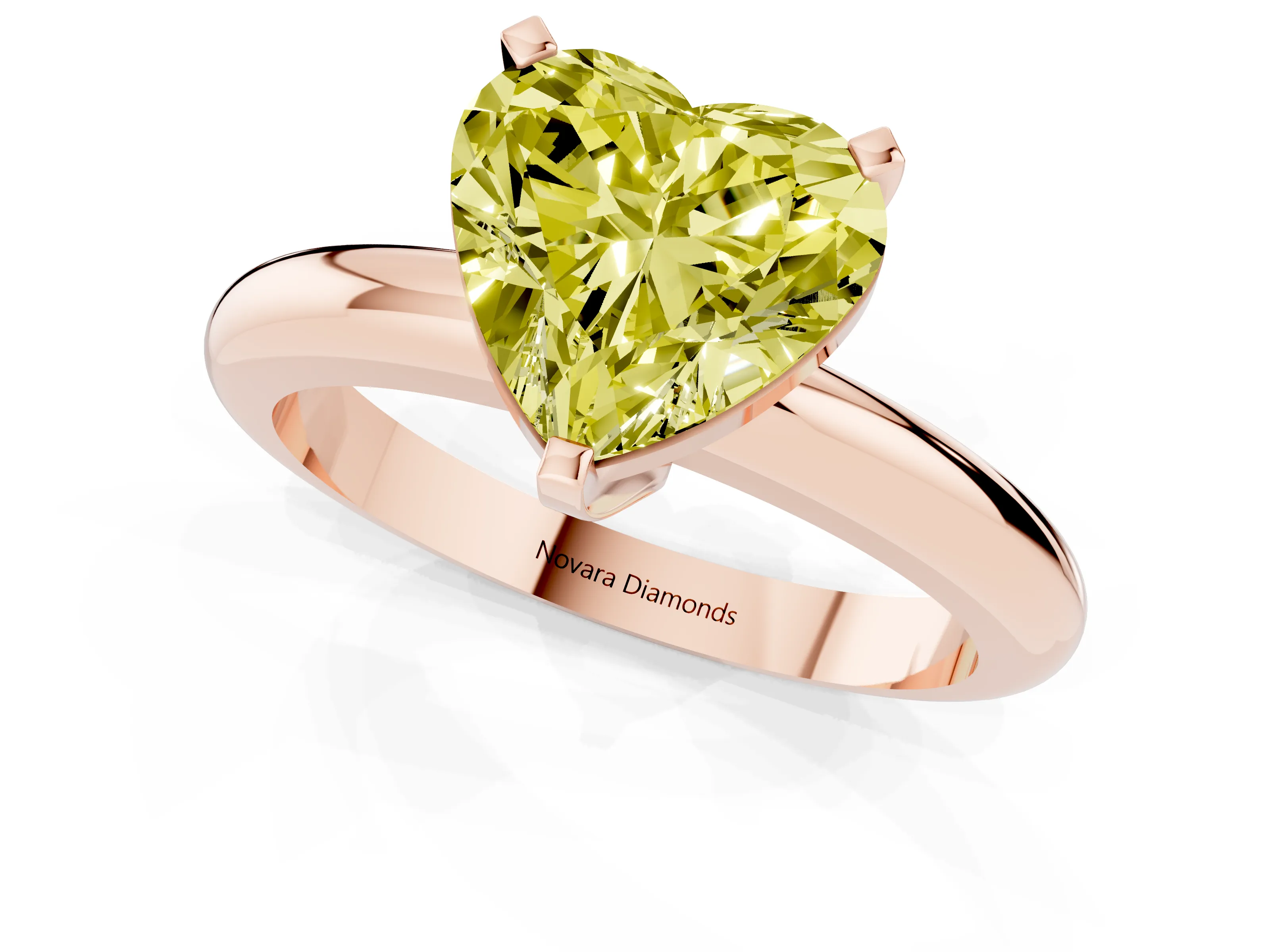 Fancy Yellow Heart Cut Diamond Solitaire Engagement Ring Set in Rose gold with Round Band and Prong Setting