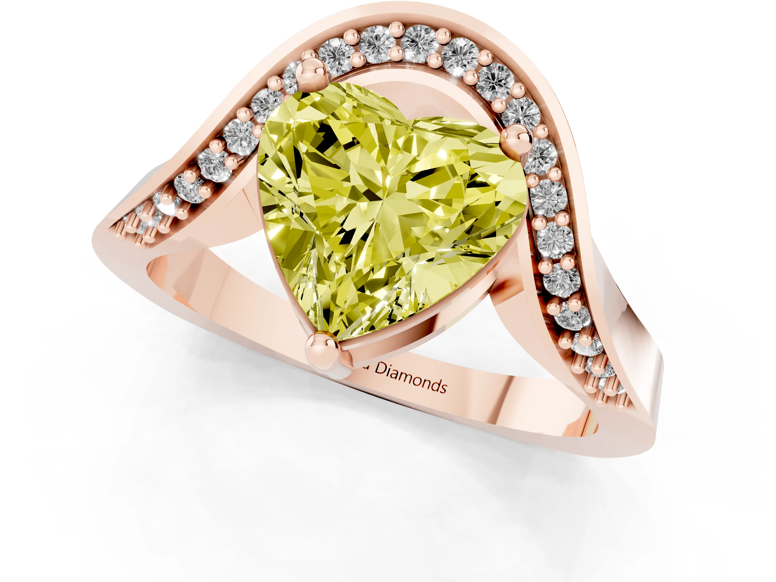 Fancy Yellow Heart Cut Diamond Solitaire Engagement Ring Set in Rose gold with Pavé Shoulders