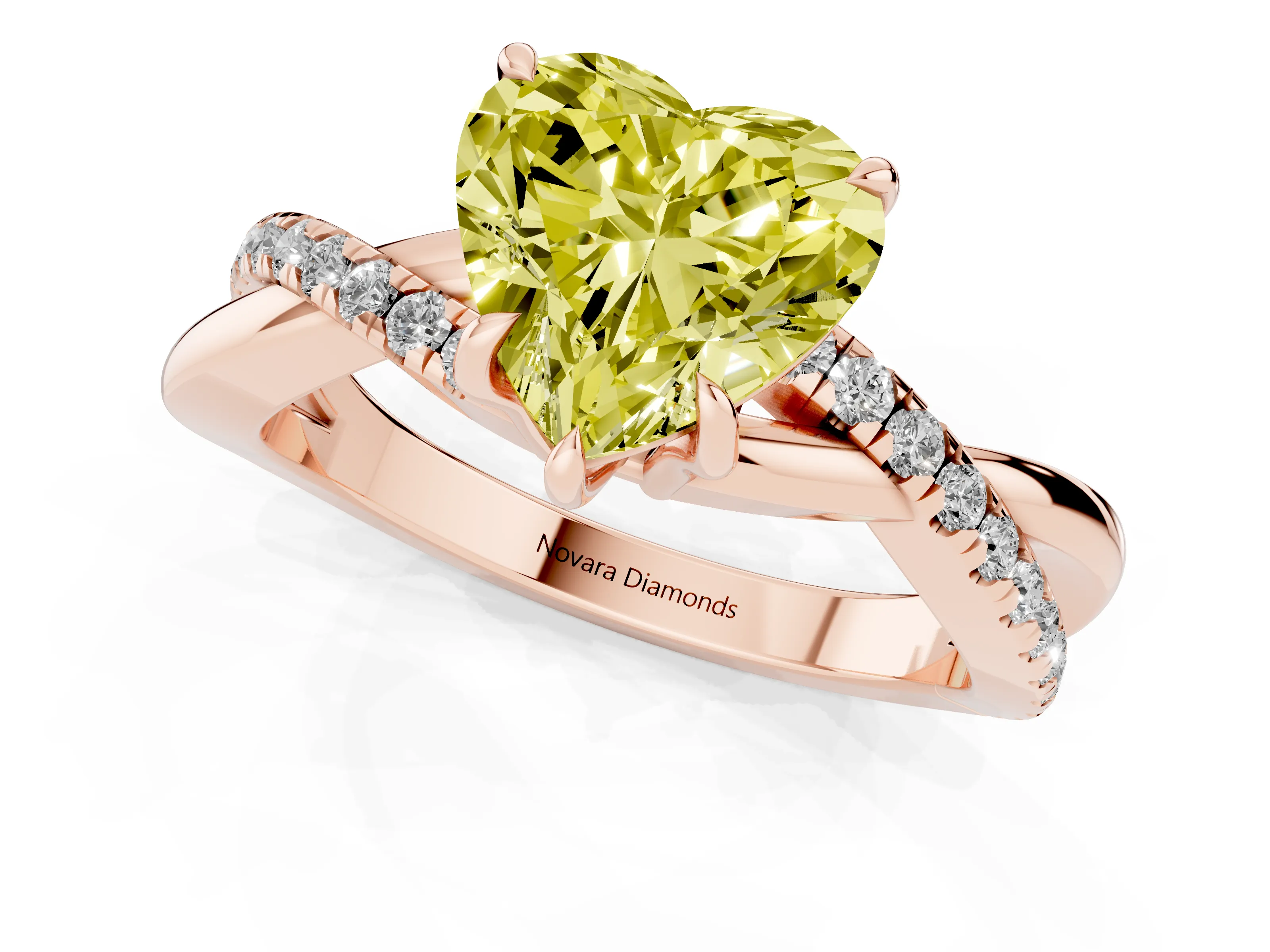 Fancy Yellow Heart Cut Diamond Twisted Pavé Band Ring Set in Rose gold with Prong Setting