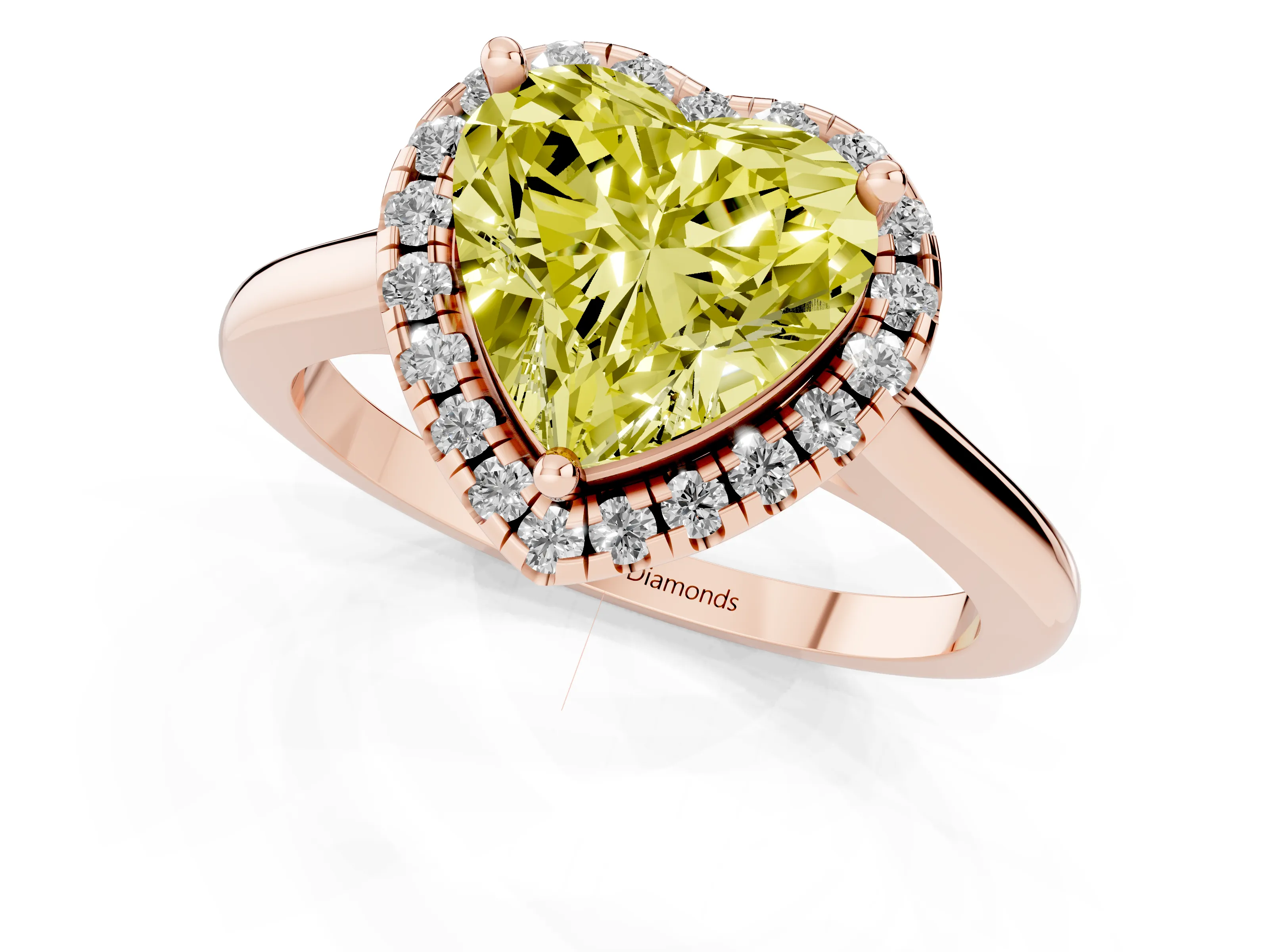 Fancy Yellow Heart Cut Diamond Halo Engagement Ring Set in Rose gold with Pavé Band and Rising Shoulders