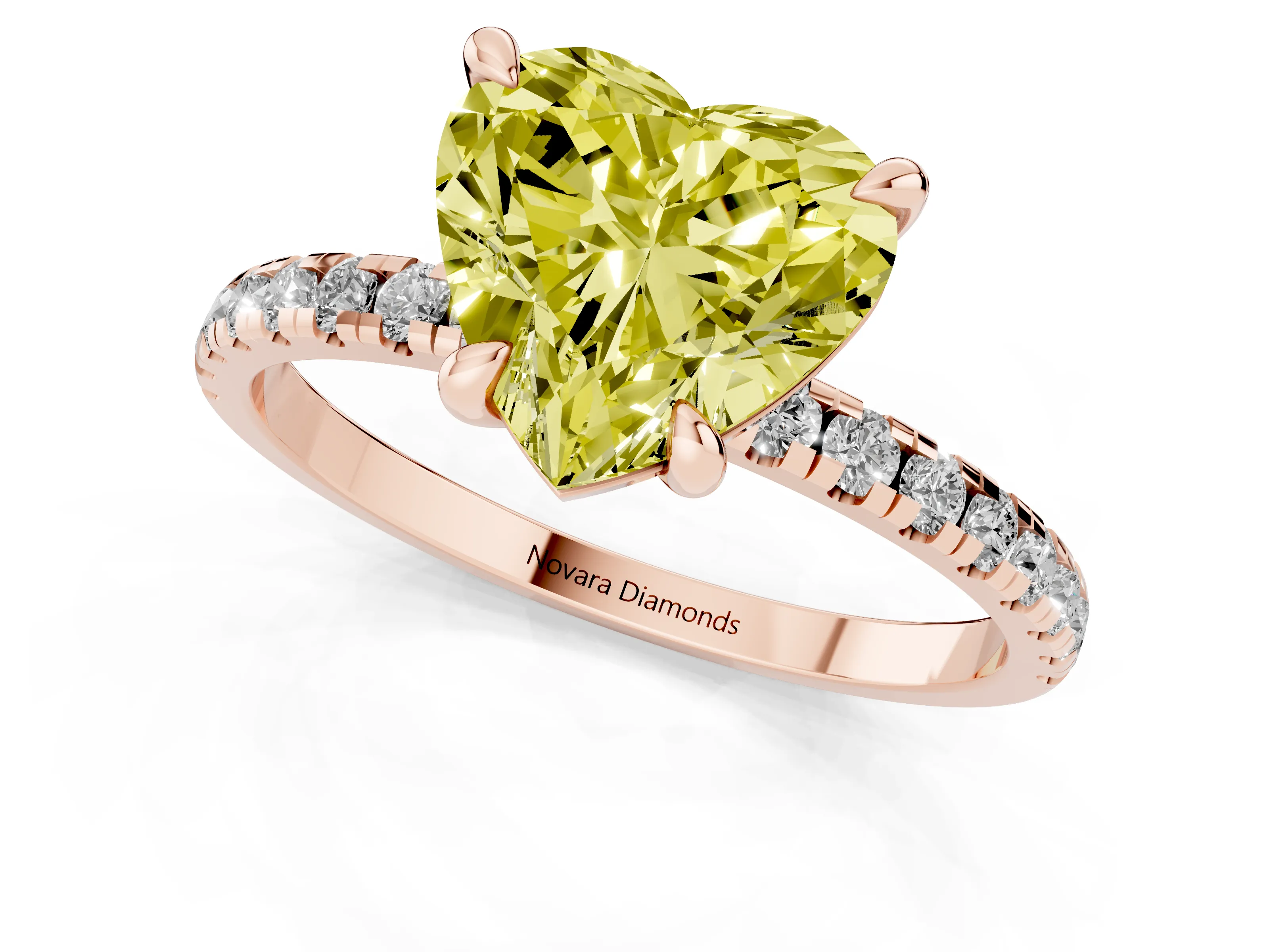 Fancy Yellow Heart Cut Diamond Brilliant Solitaire Ring Set in Rose gold with Pavé Band and Prong Setting