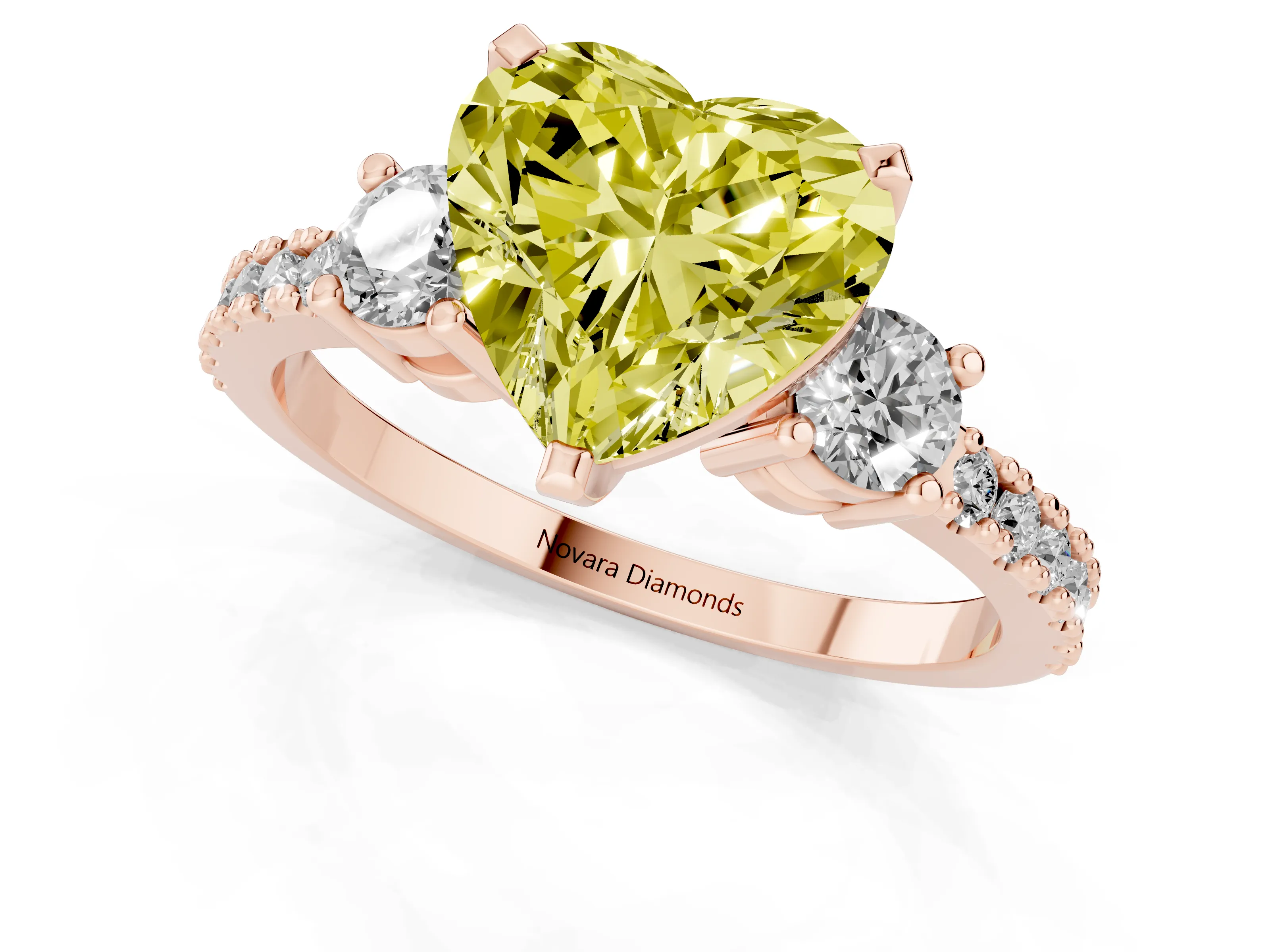 Fancy Yellow Three-Stone Heart Cut Diamond Pavé Band Ring Set in Rose gold with Prong Setting