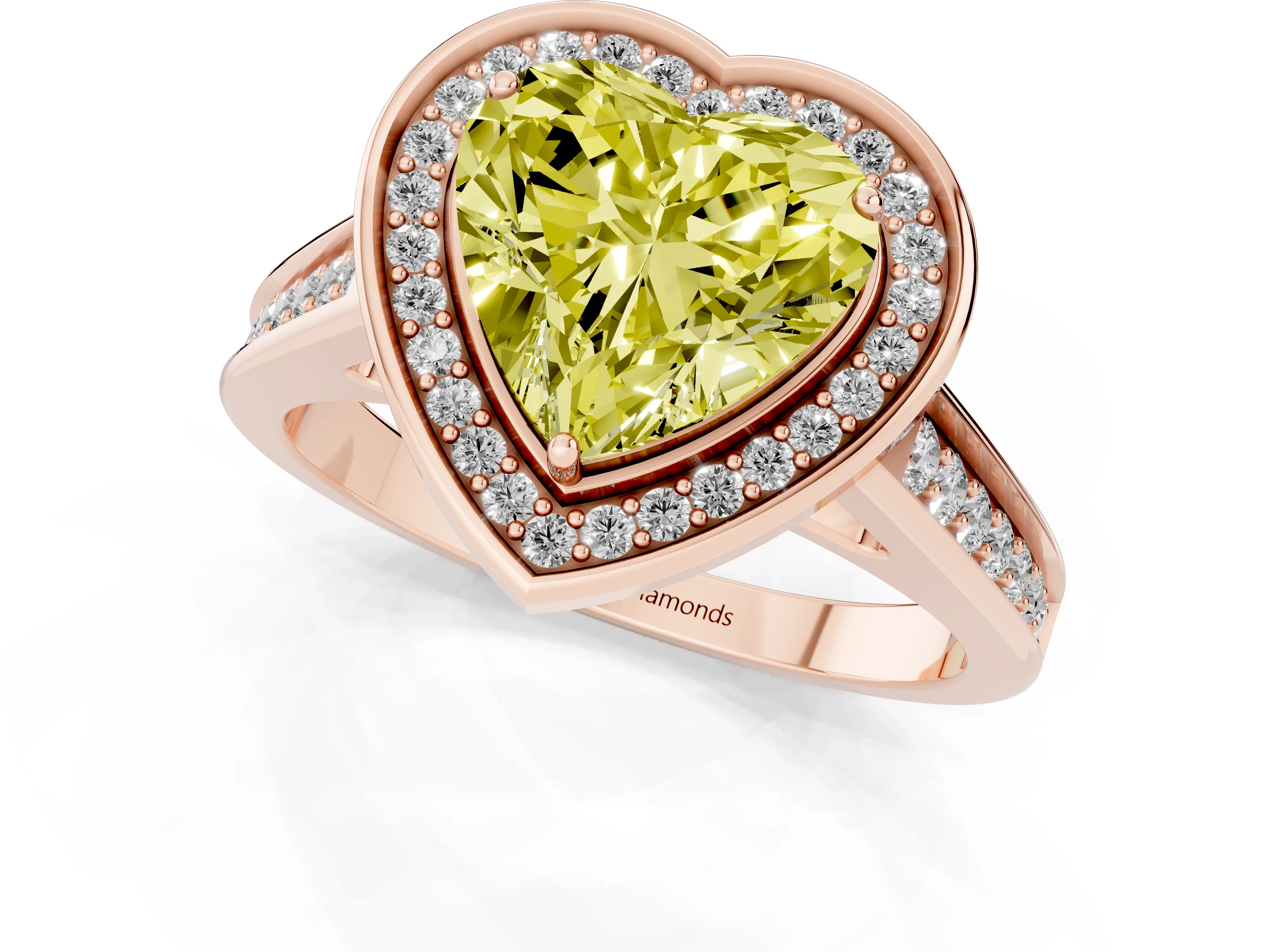 Fancy Yellow Heart Cut Diamond Halo Solitaire Ring Set in Rose gold with Pavé Band and Bezel Setting