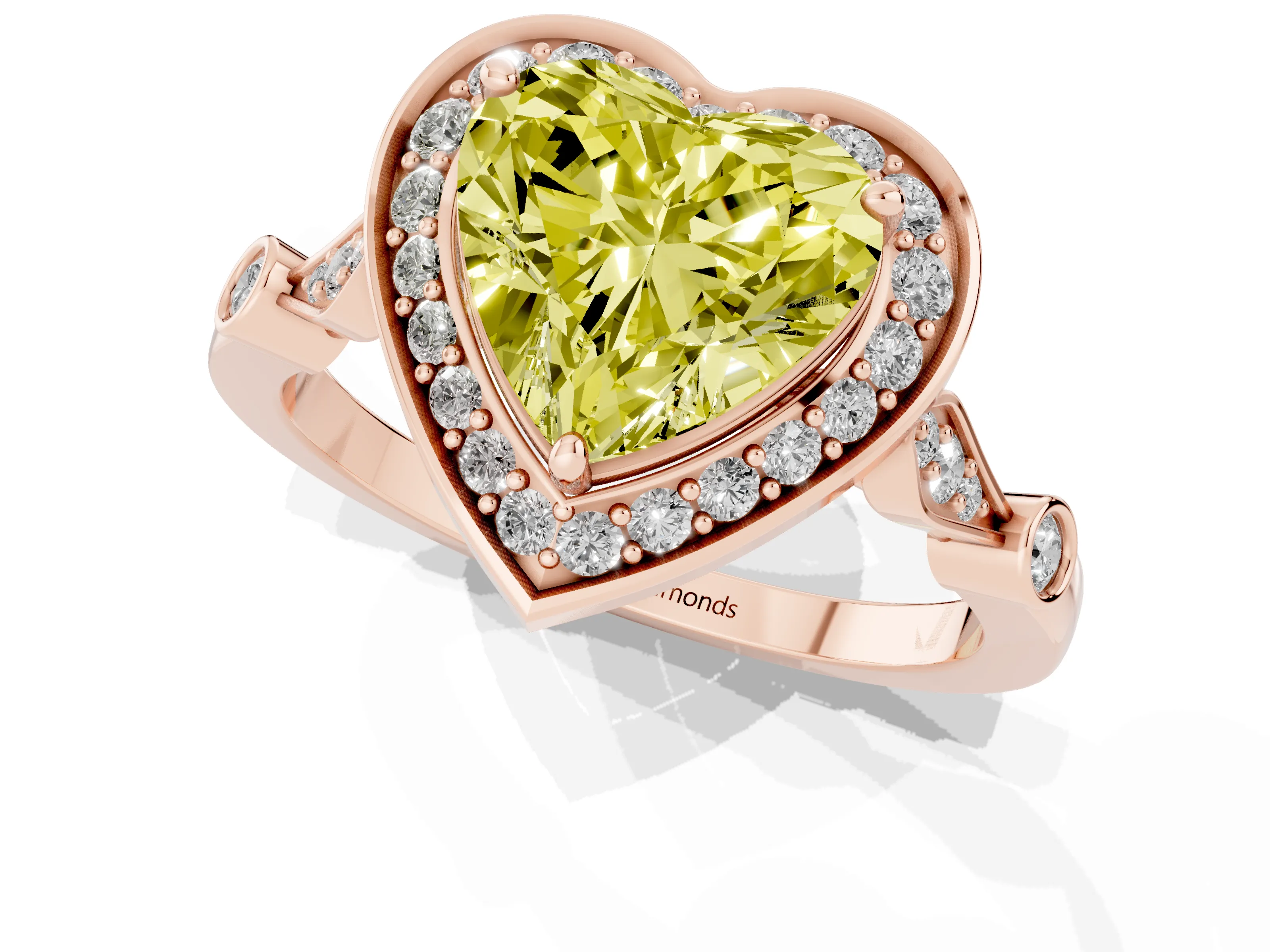 Fancy Yellow Heart Cut Diamond Halo Engagement Ring Set in Rose gold with Twisted Band and Prong Setting